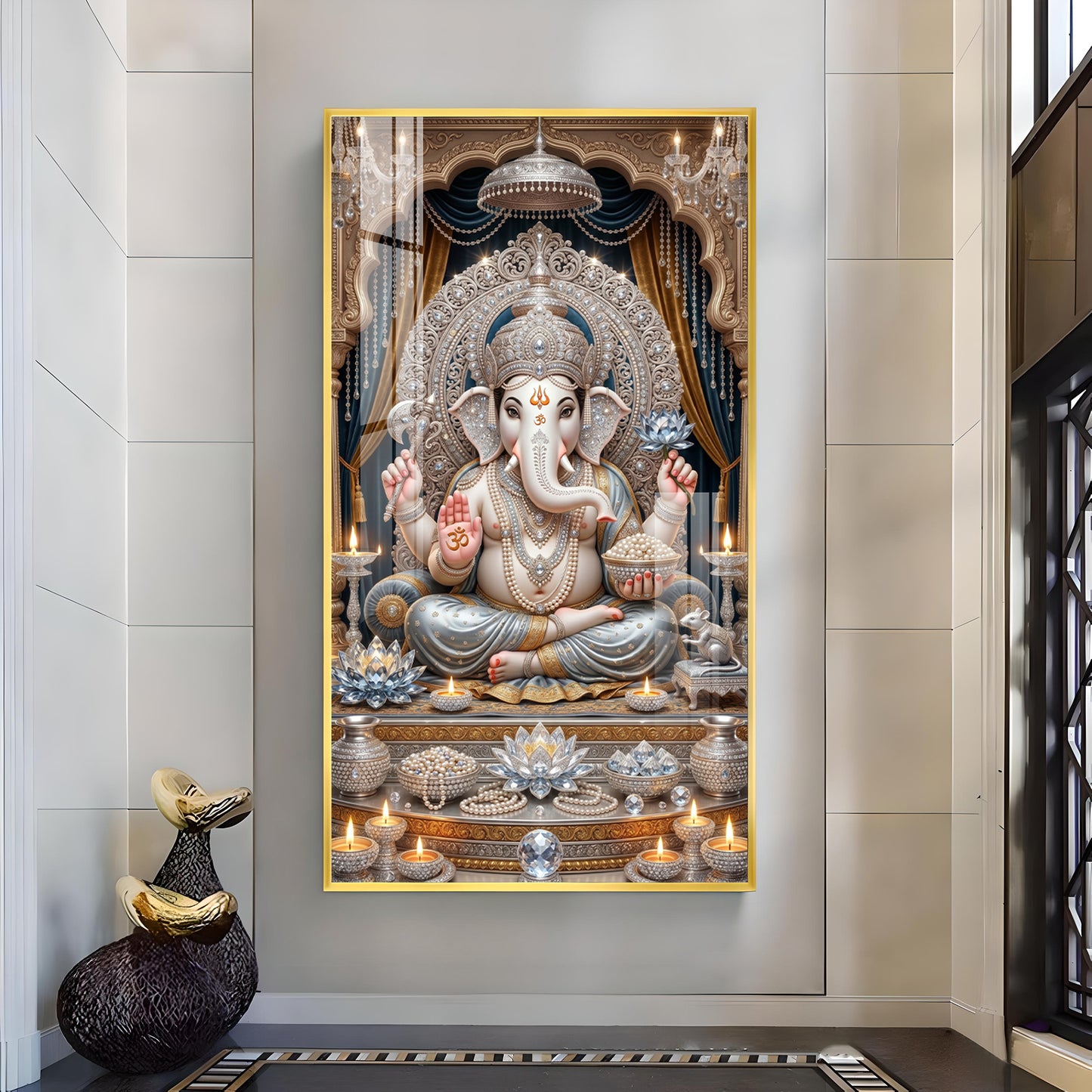 Depicts Lord Ganesha Glass Finish Vertical Wall Art