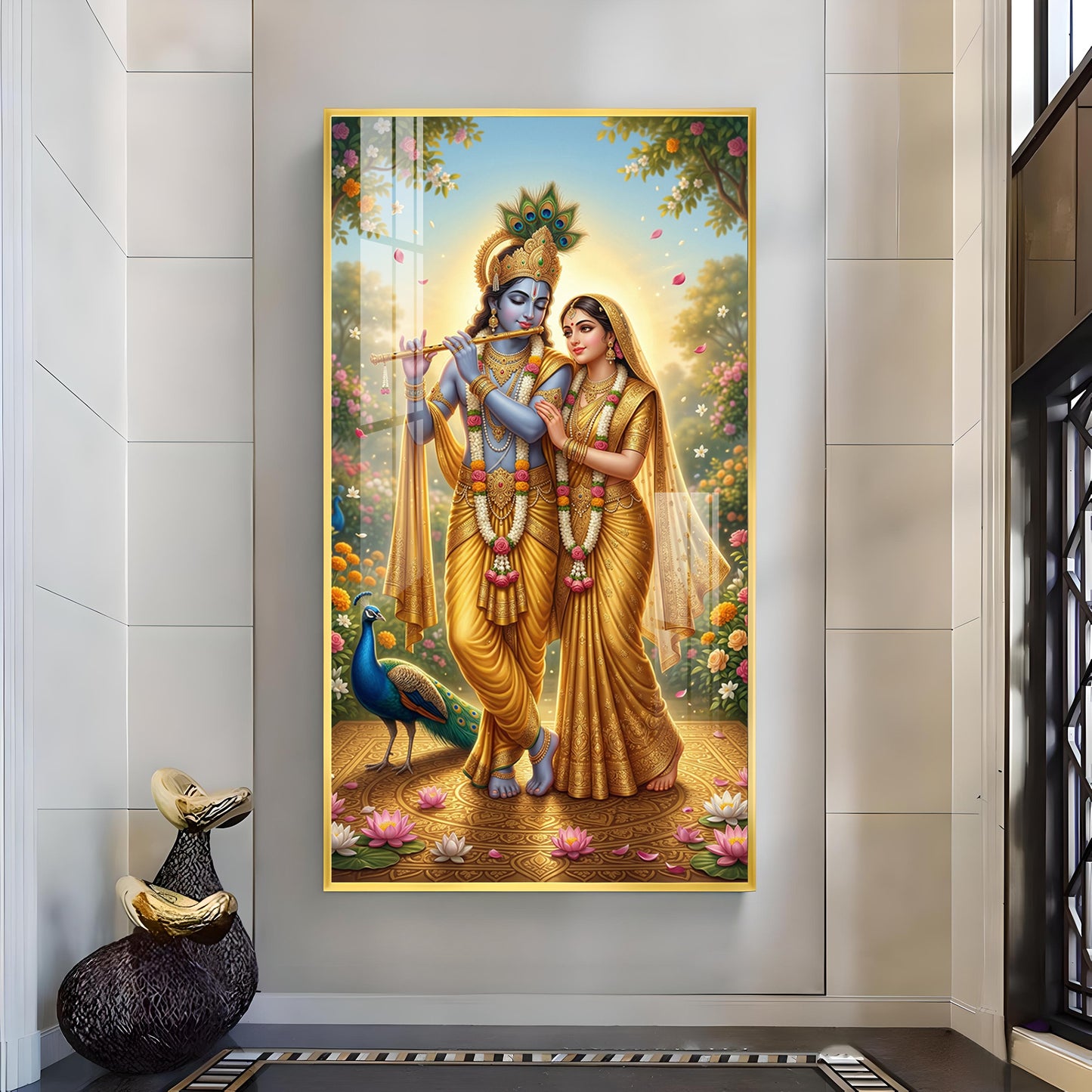 Radha Krishna Divine Love Glass Finish Vertical Wall Art