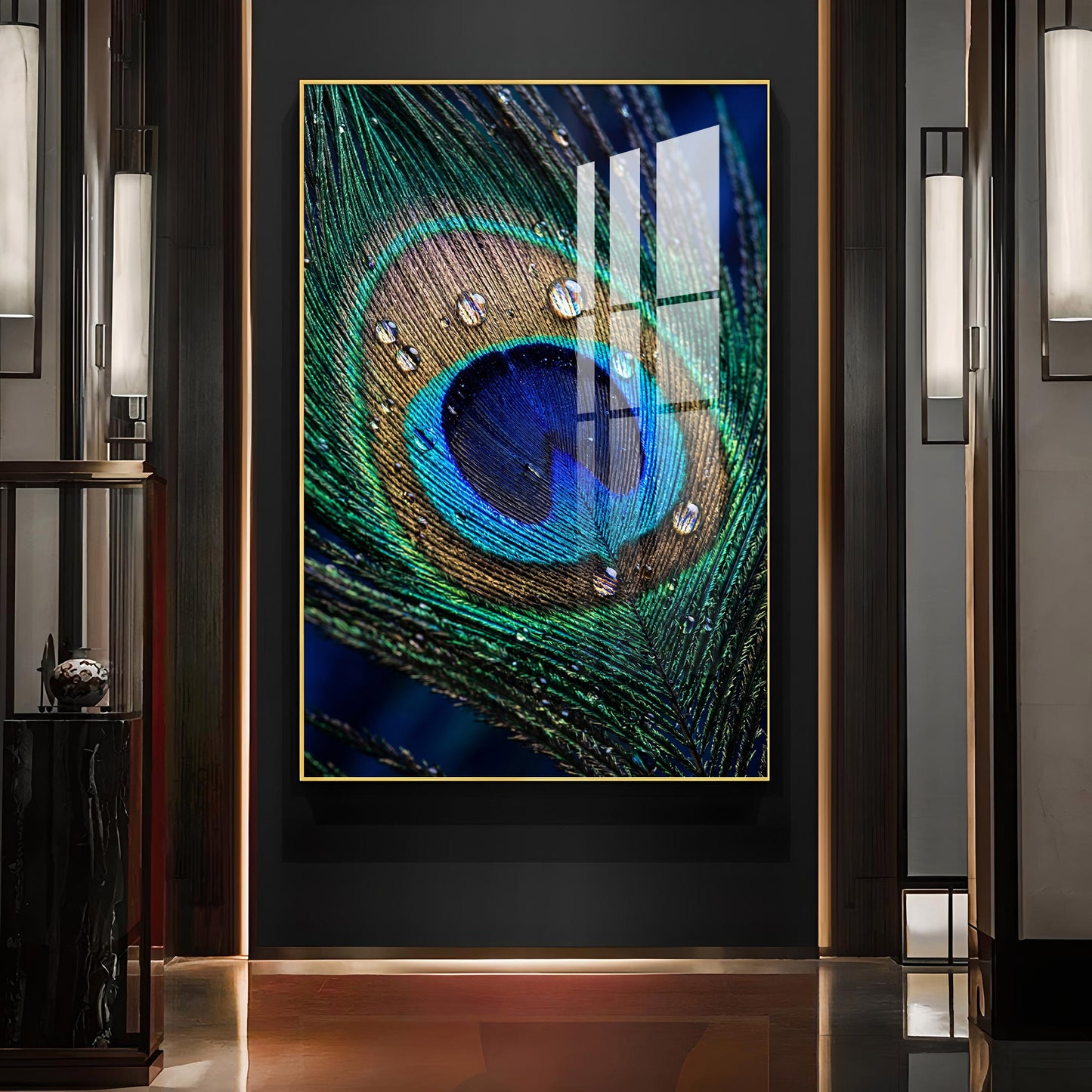 Peacock Feather With Water Drops Glass Finish Vertical Wall Art