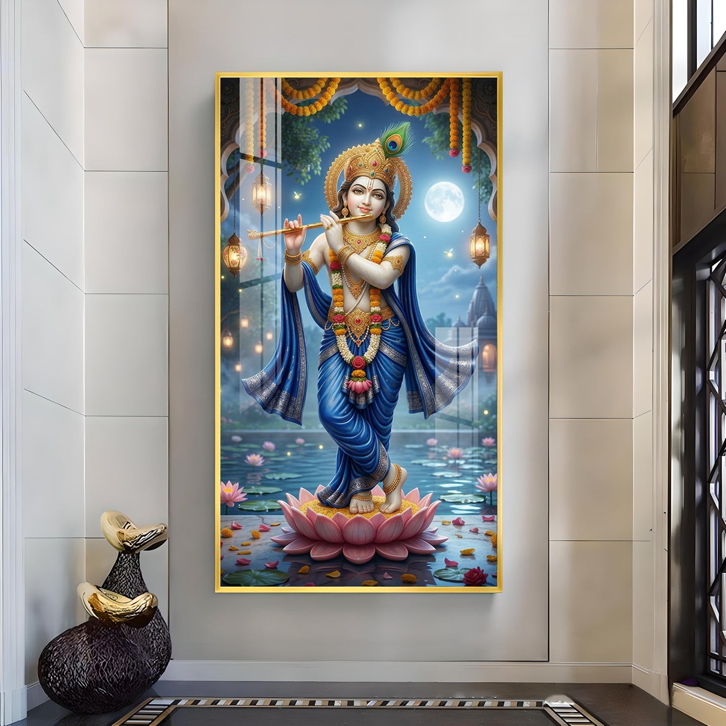 Lord Krishna With Flute Glass Finish Vertical Wall Art