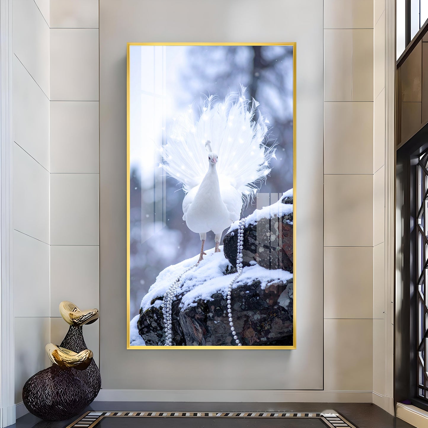 White Peacock Glass Finish Vertical Wall Art