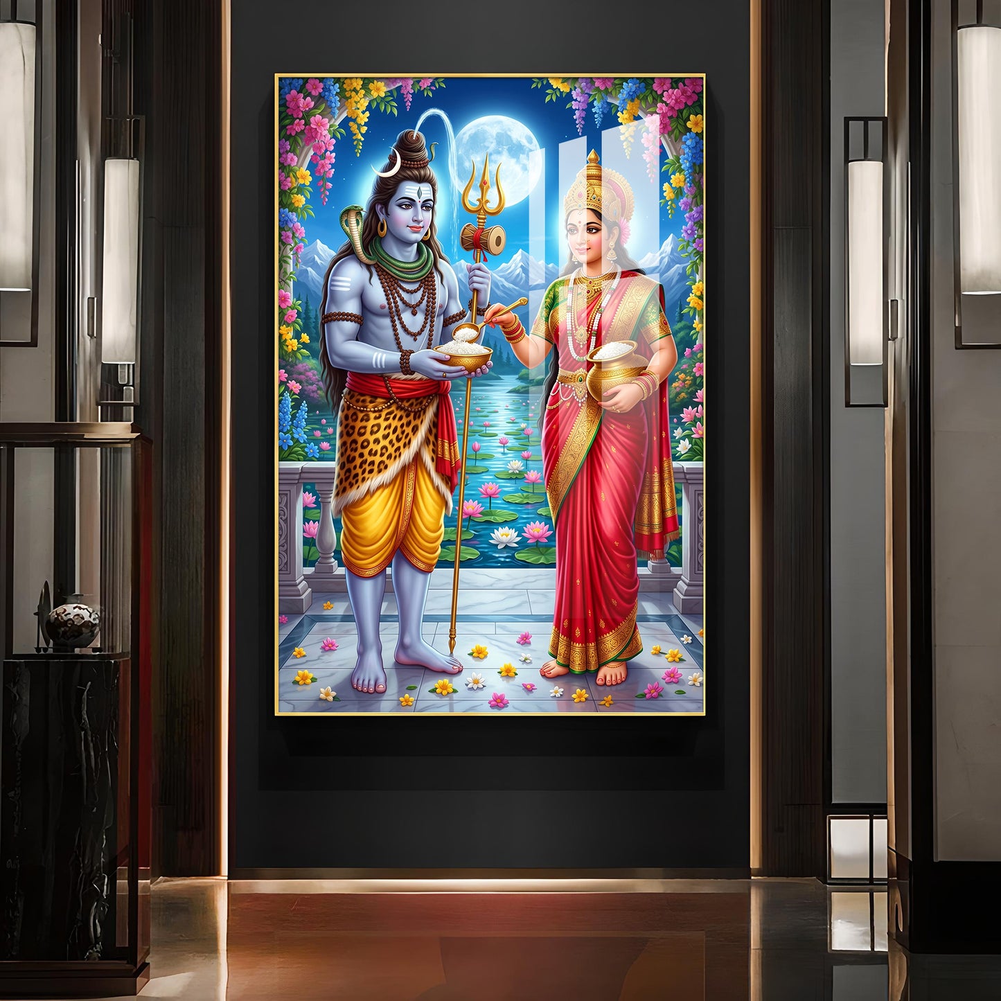 Annapurna Devi Offering Food To Lord Shiva Glass Finish Vertical Wall Art