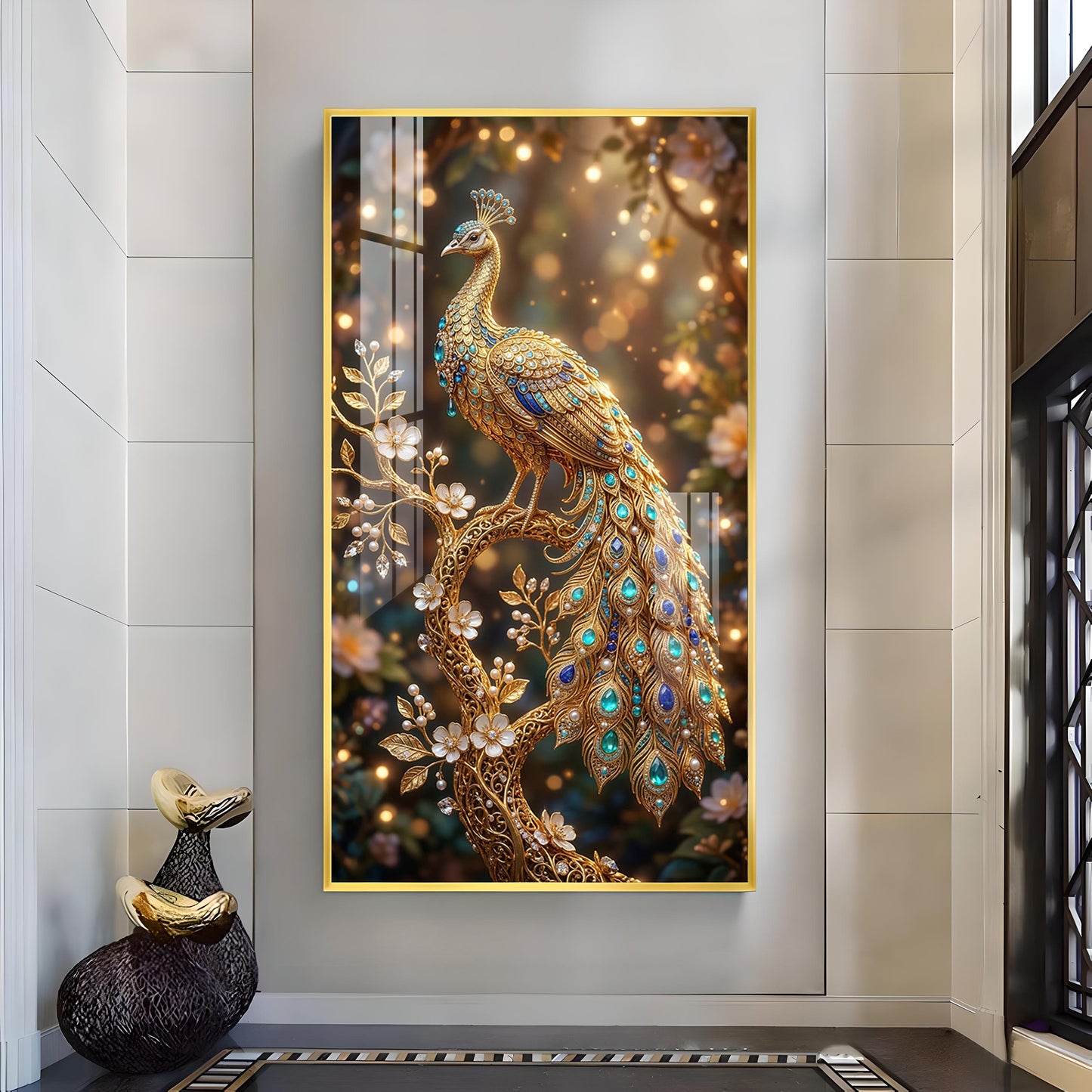 Elegant Peacock Fantasy Glass Finish Vertical Wall Art