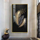 Black & Gold Feathers With Delicate Butterflies Glass Finish Vertical Wall Art