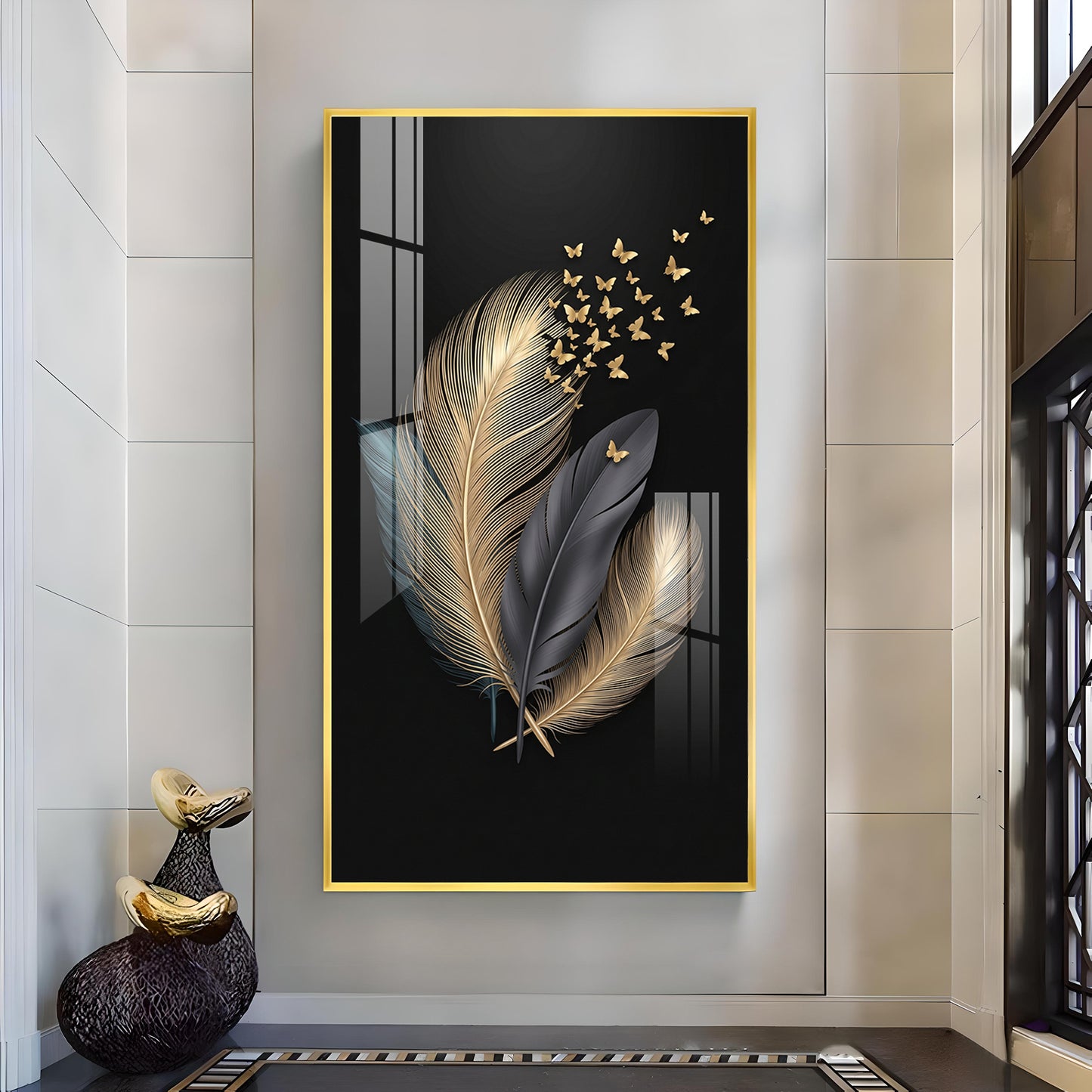 Black & Gold Feathers With Delicate Butterflies Glass Finish Vertical Wall Art