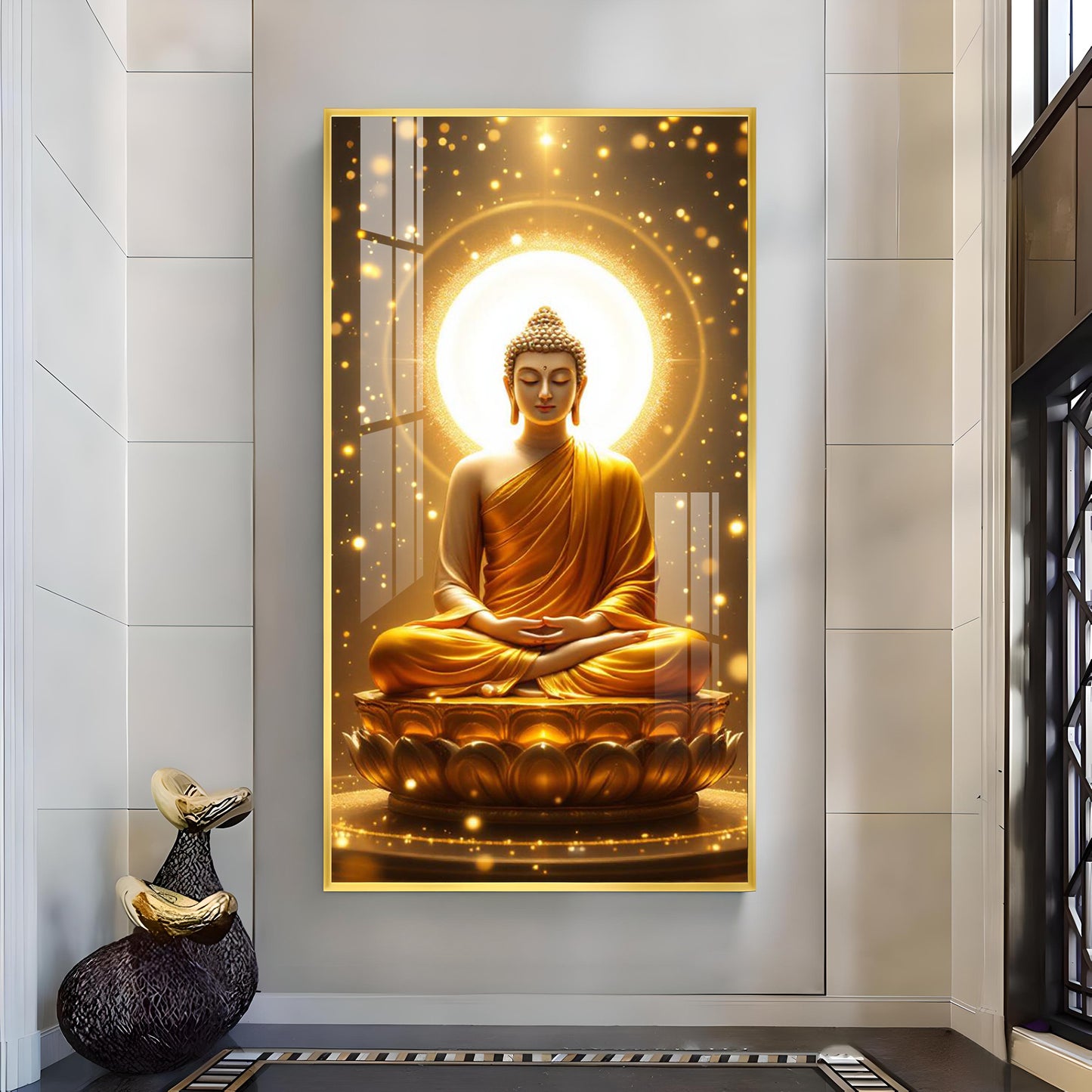 Meditating Gautam Buddha Glass Finish Vertical Wall Art
