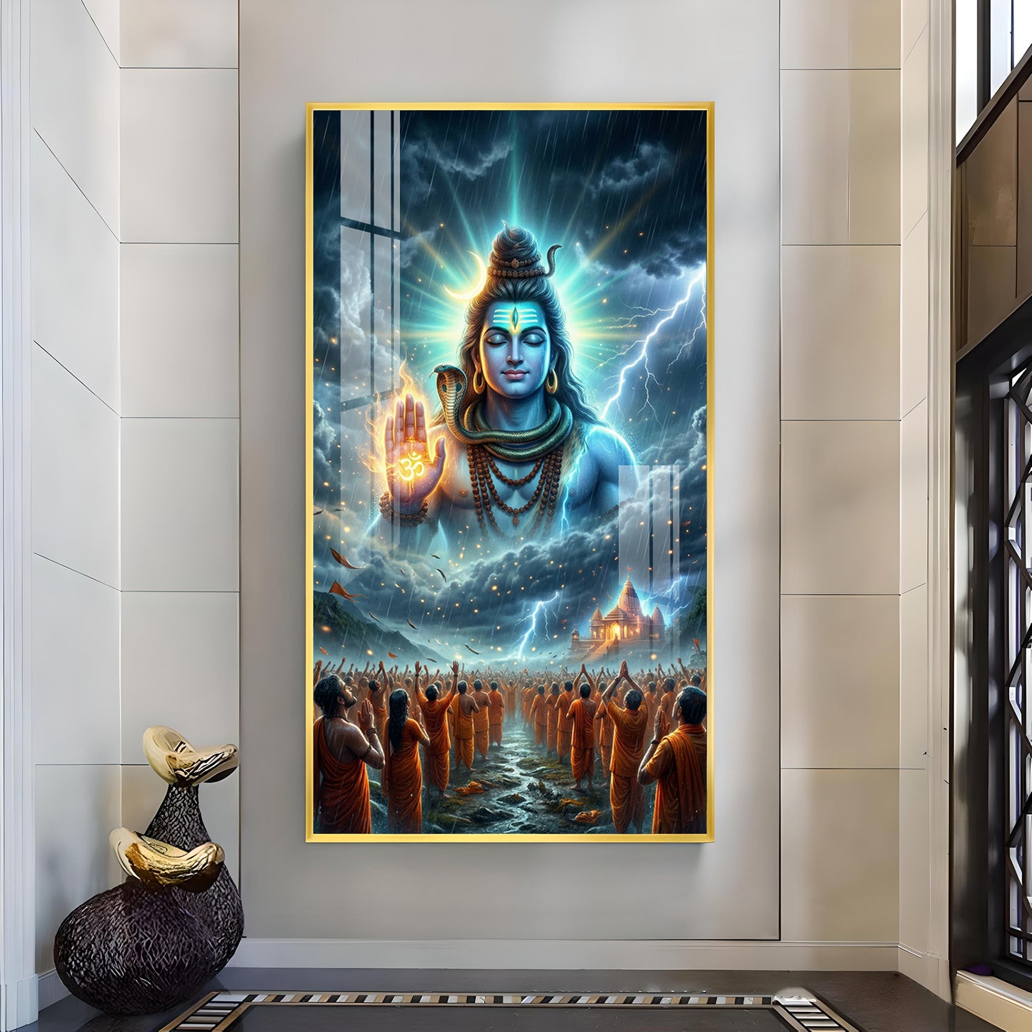 Lord Mahadev Blessing Glass Finish Vertical Wall Art