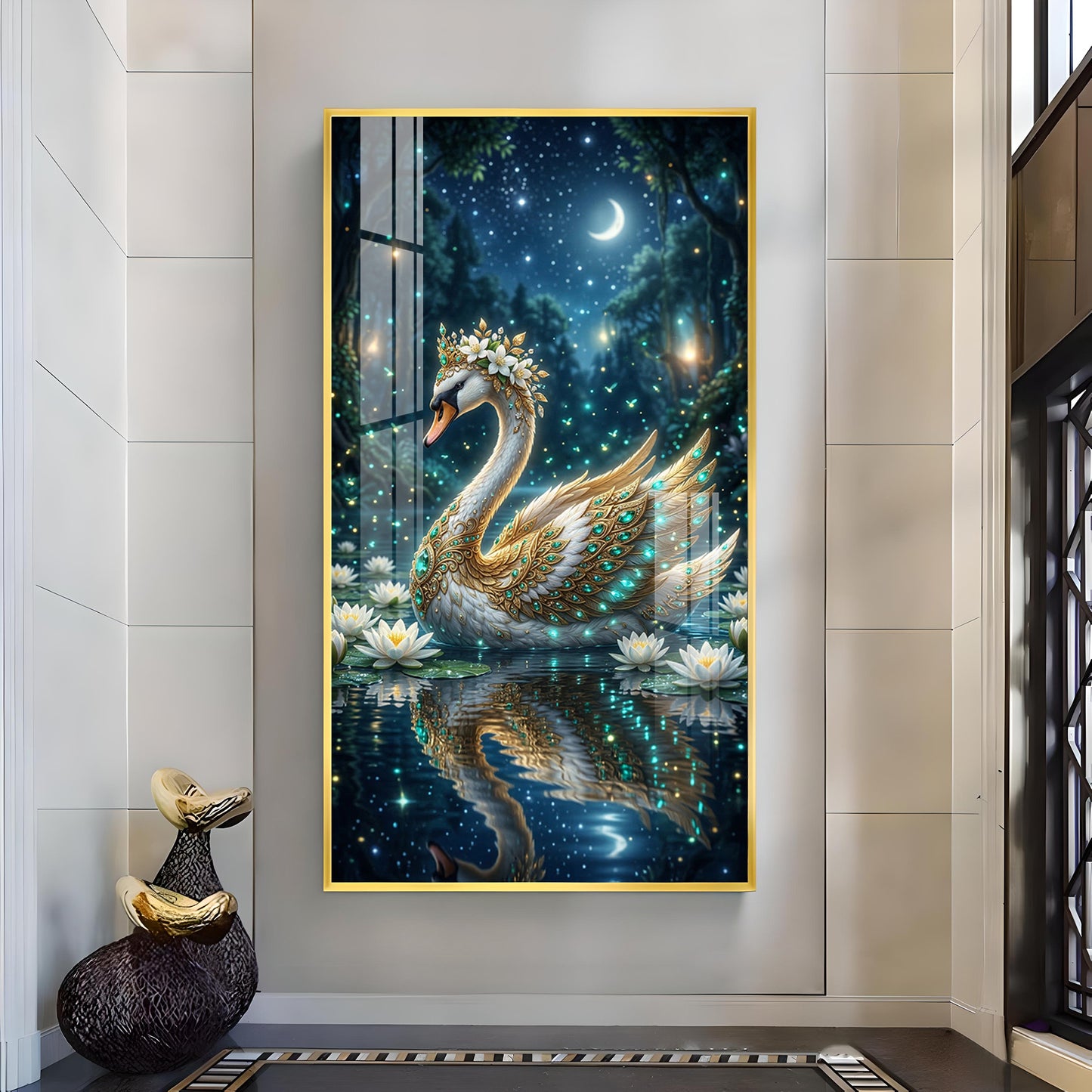 Calm Night Magical Swan Glass Finish Vertical Wall Art