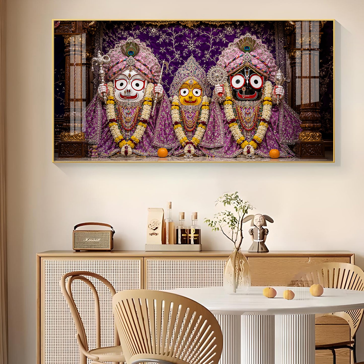 Hindu Deities Lord Jagannath, Subhadra, & Balabhadra Glass Finish Horizontal Wall Art