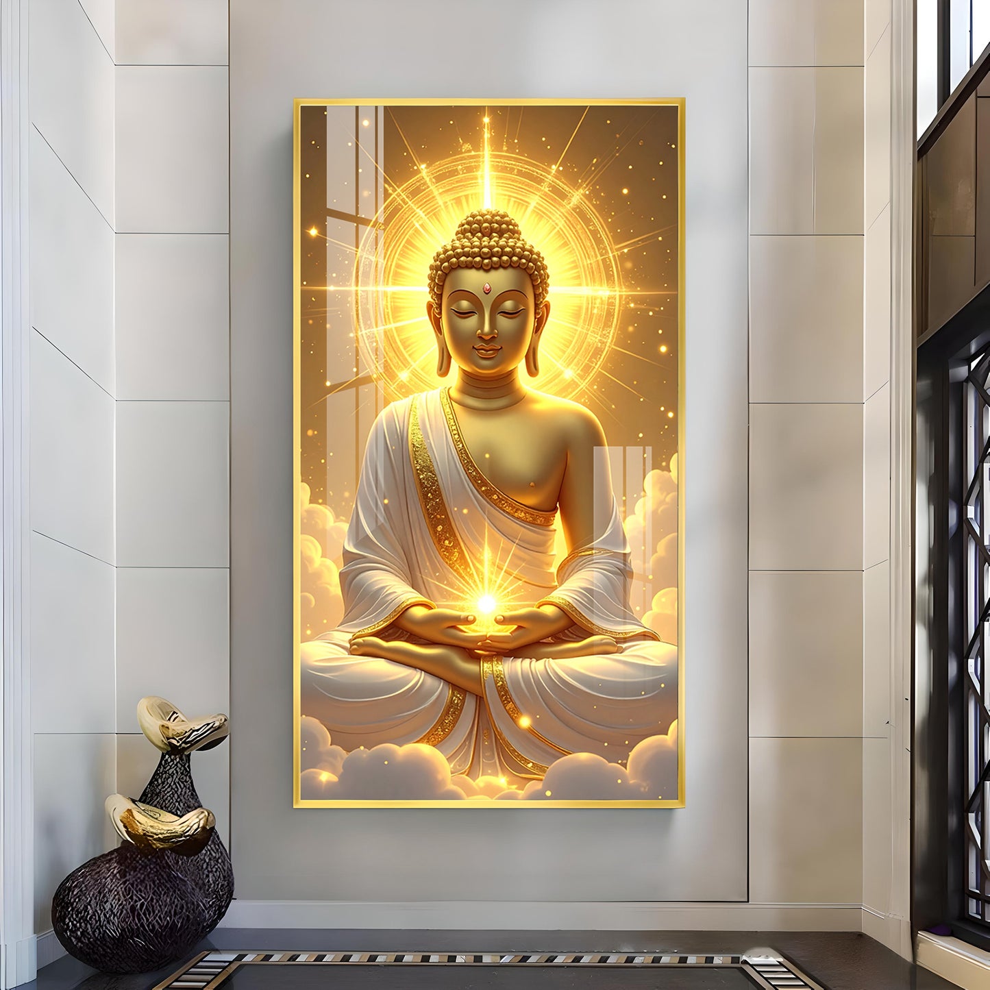 Golden Serenity Buddha Glass Finish Vertical Wall Art