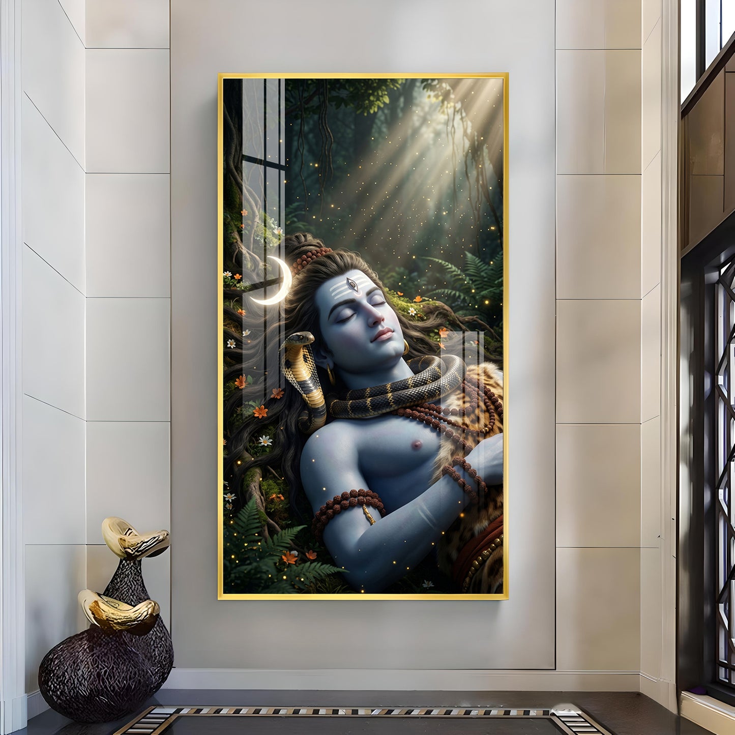 Hindu Deity Shiva Glass Finish Vertical Wall Art