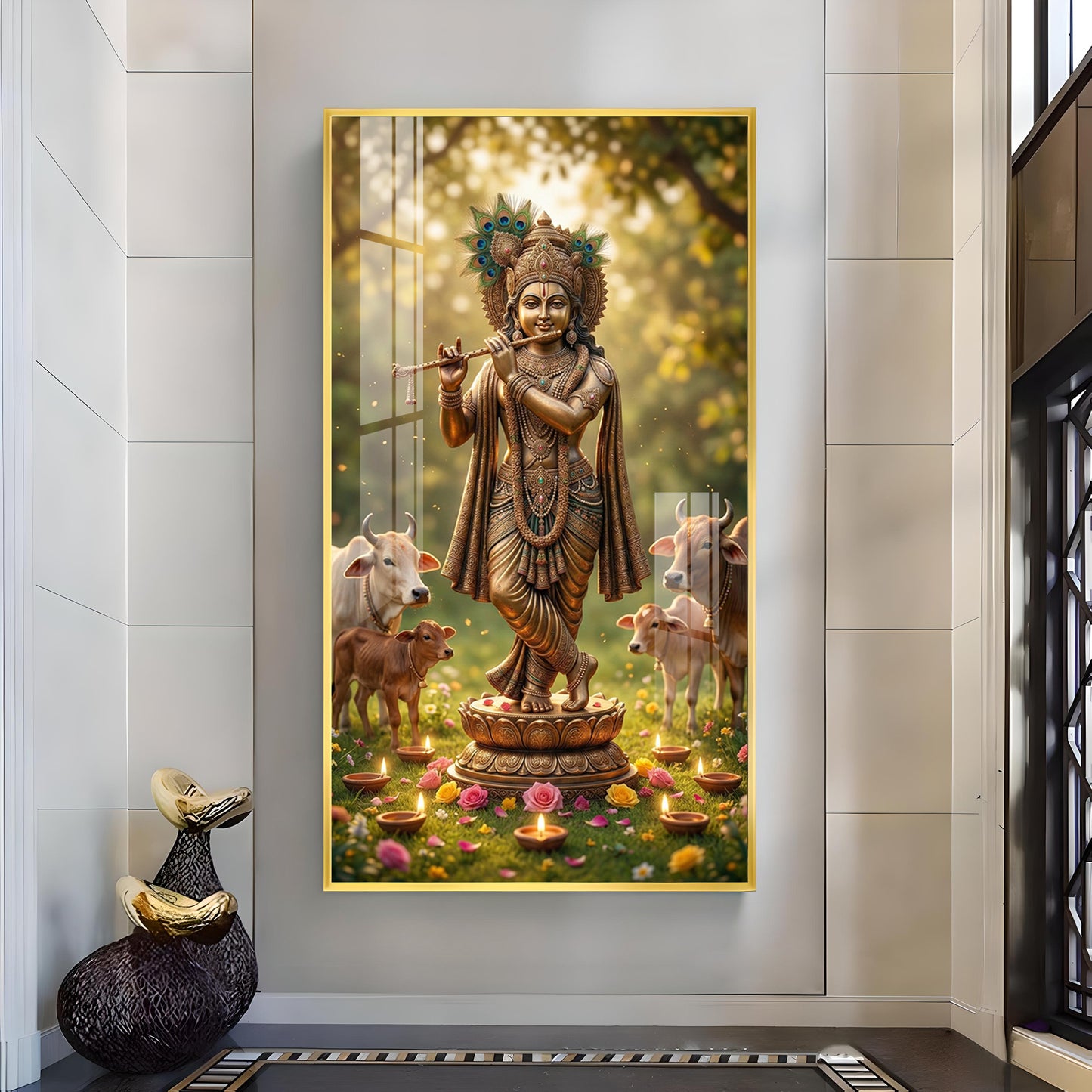 Lord Krishna With Playing the Flute Glass Finish Vertical Wall Art
