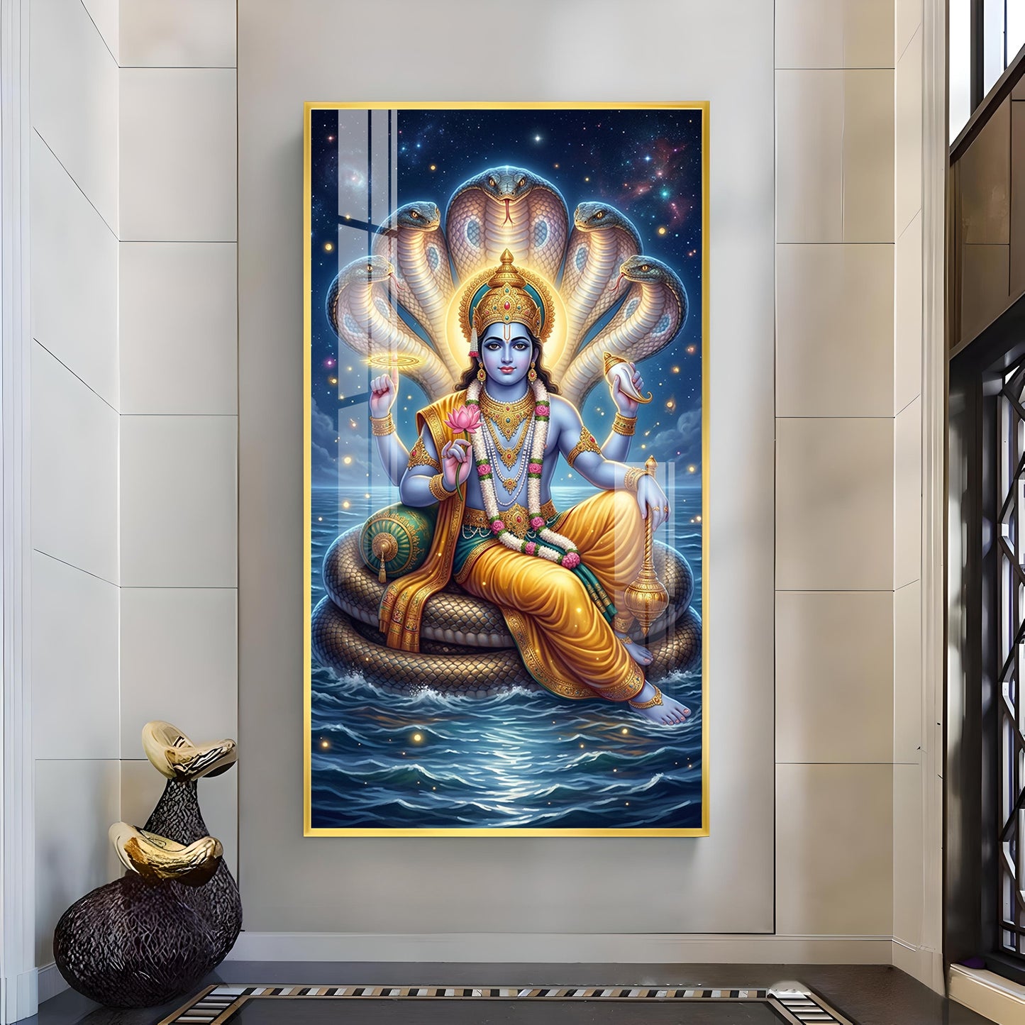 Lord Vishnu On Sheshnag Glass Finish Vertical Wall Art