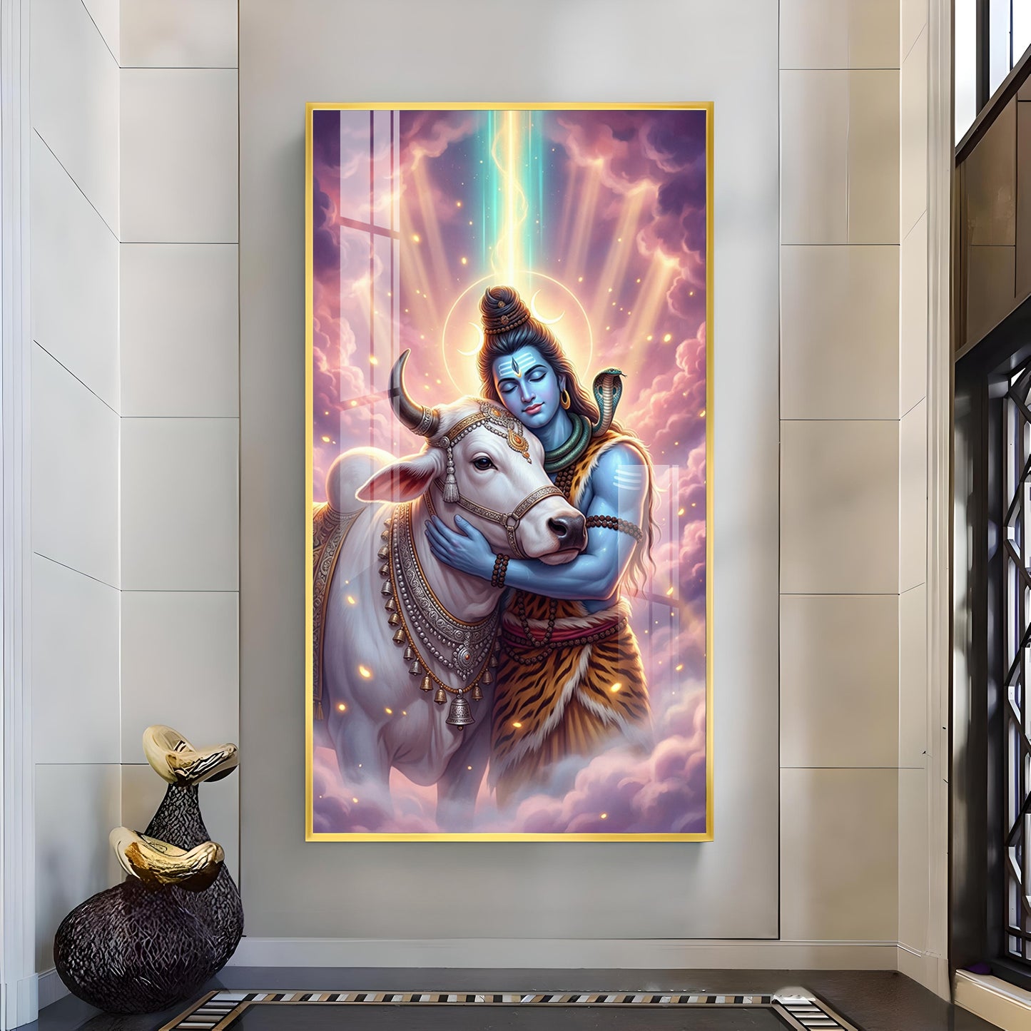 Lord Shiva and Nandi Glass Finish Vertical Wall Art