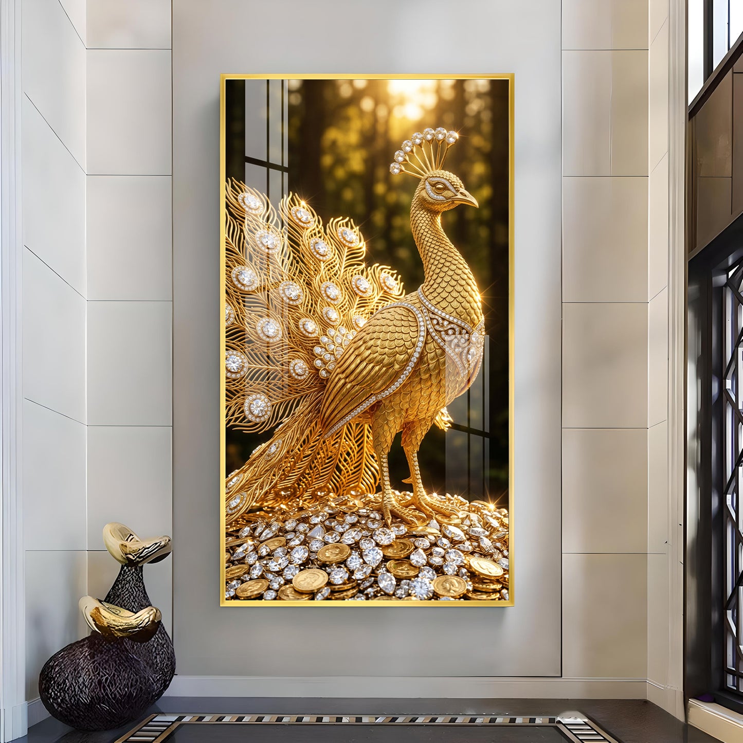 Golden Peacock Glass Finish Vertical Wall Art