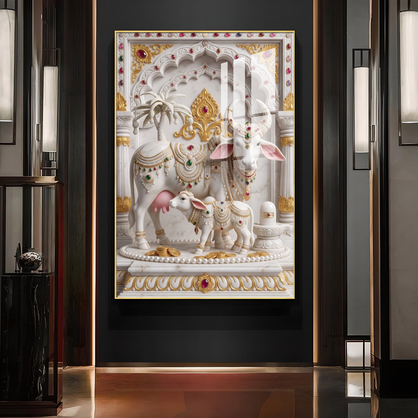 Kamdhenu Cow Calf Glass Finish Vertical Wall Art