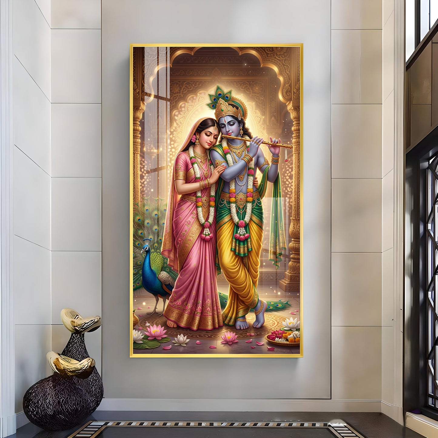 Eternal Bond of Radha Krishna Glass Finish Vertical Wall Art