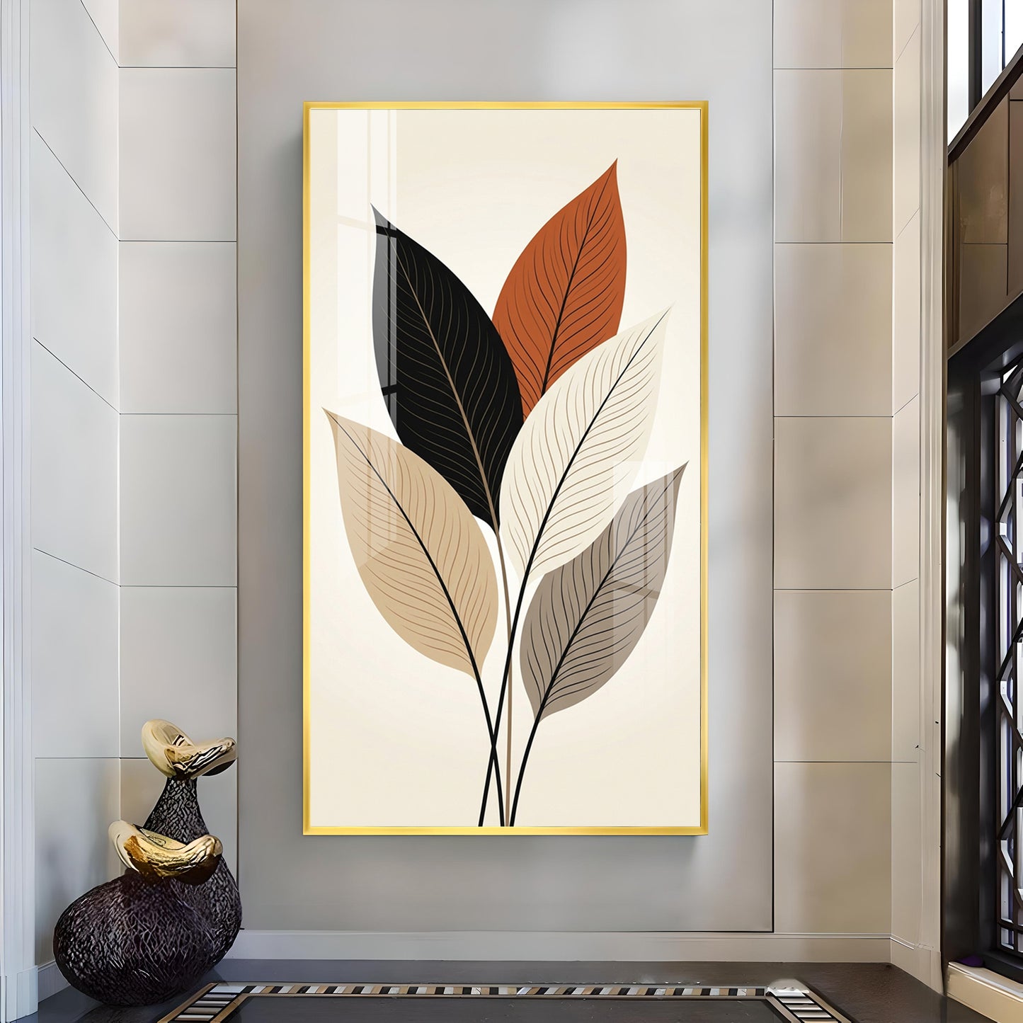 Colored Leaf Glass Finish Vertical Wall Art