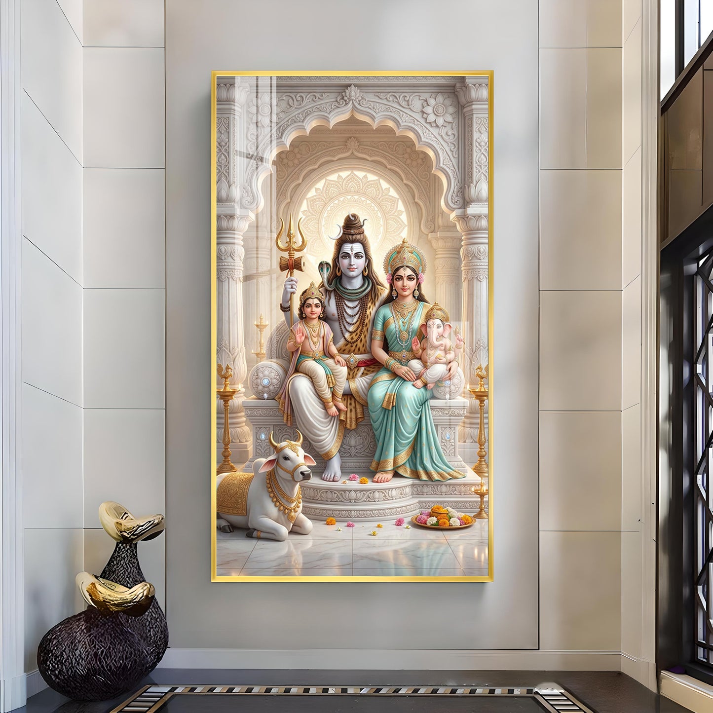 Shiva Parivar Glass Finish Vertical Wall Art