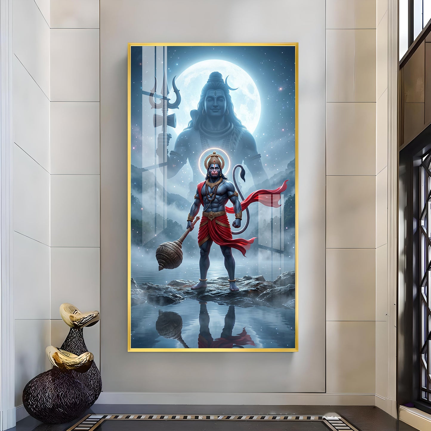 Hanuman Ji and Shiva Ji Glass Finish Vertical Wall Art