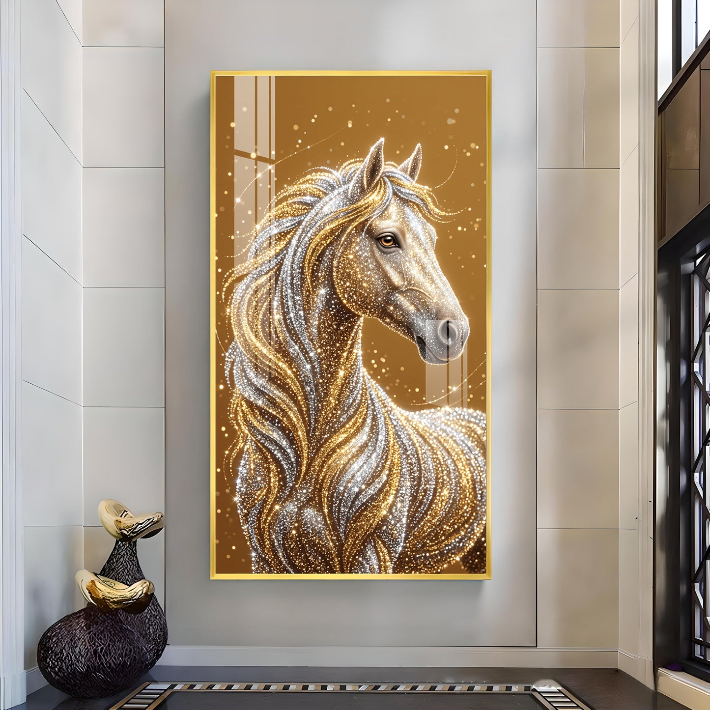 Horse In Gold & Silver Mane Glass Finish Vertical Wall Art
