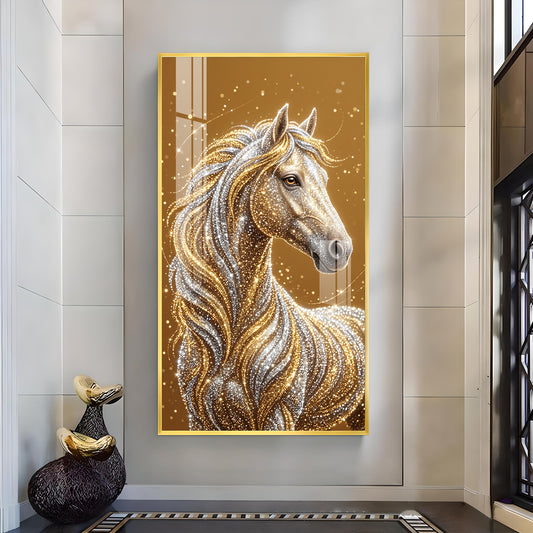 Horse In Gold & Silver Mane Glass Finish Vertical Wall Art