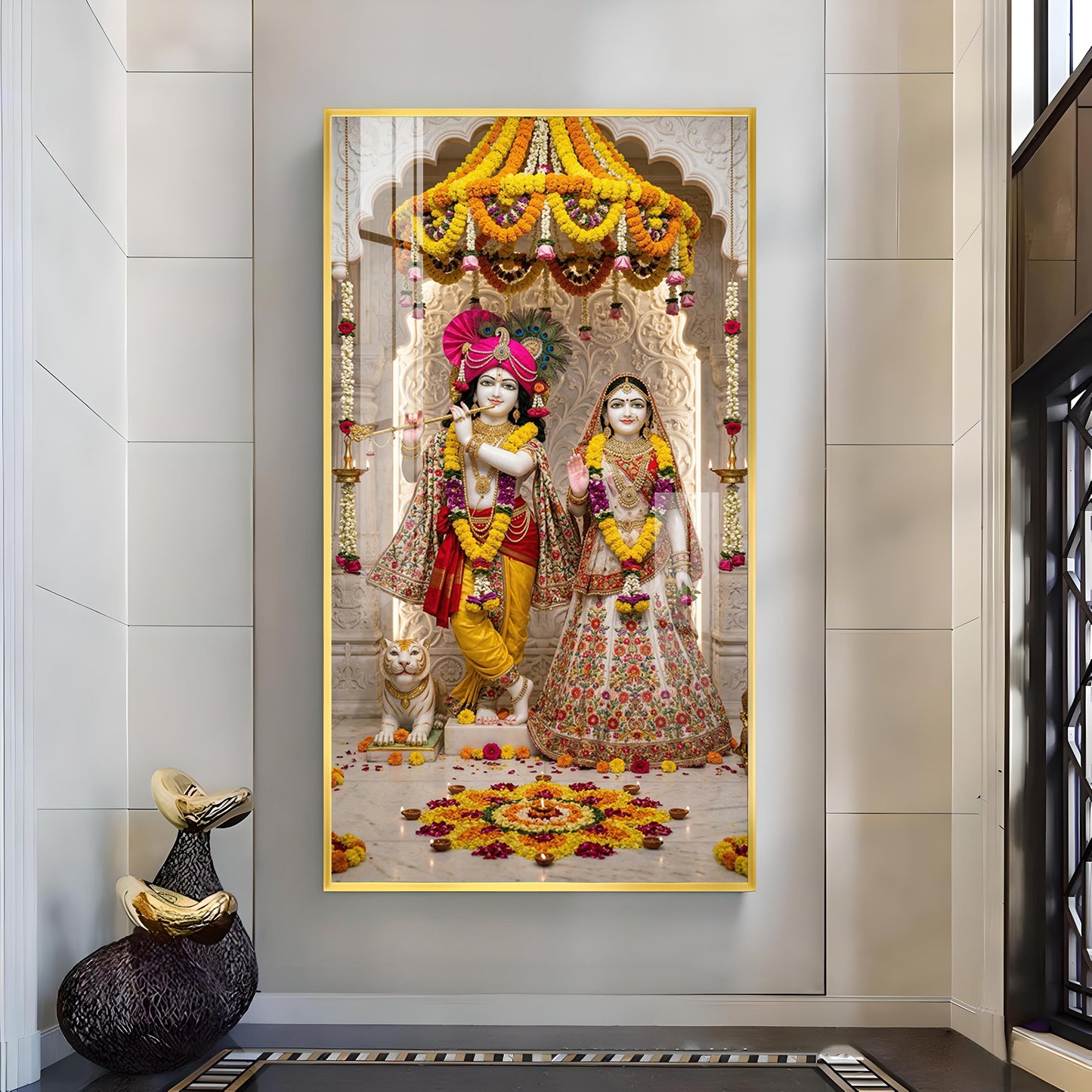 Divine Radha and Krishna Glass Finish Vertical Wall Art