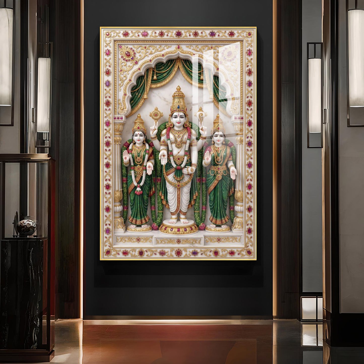 Lord Murugan with Valli and Devasena Glass Finish Vertical Wall Art