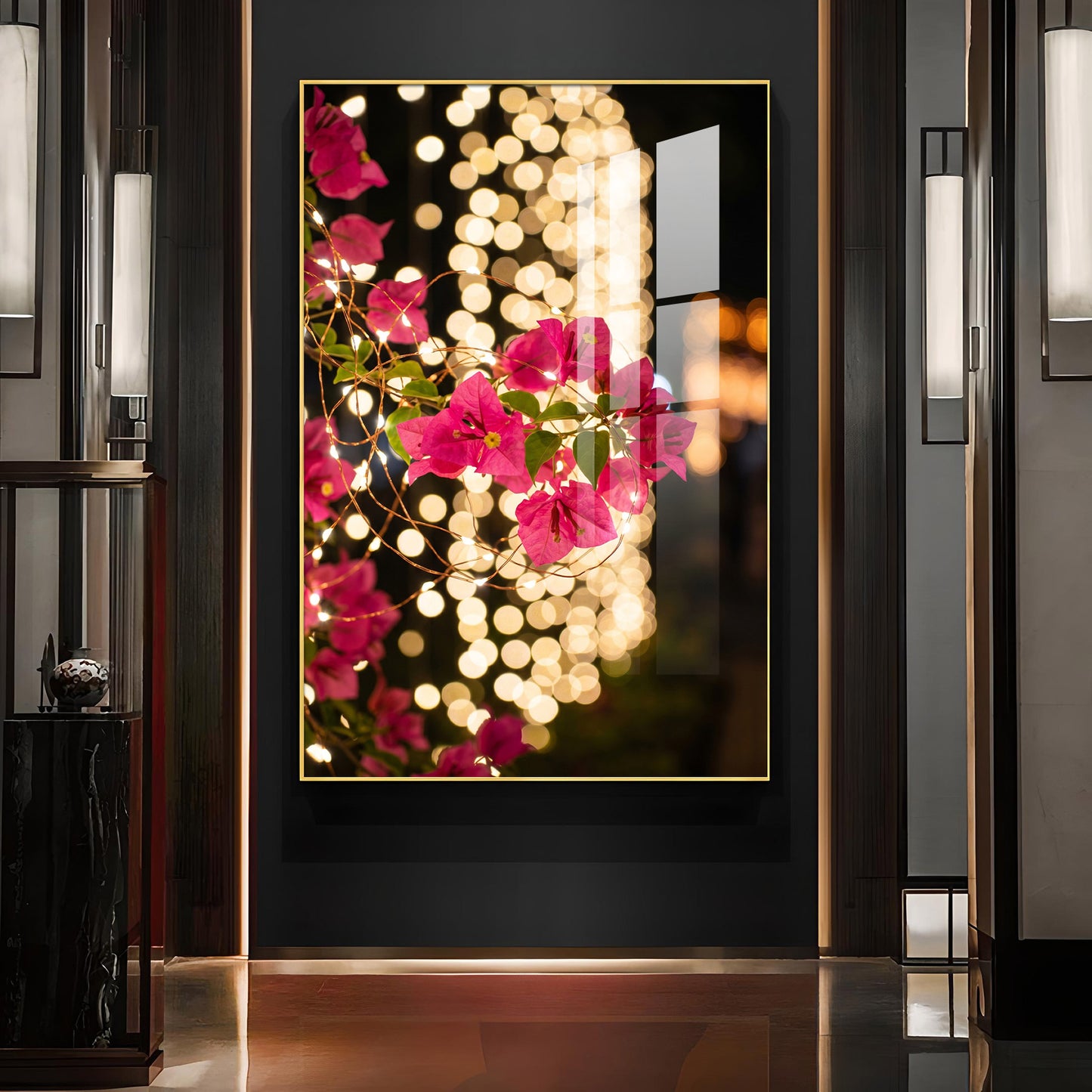 Pink Bougainvillea Flowers Glass Finish Vertical Wall Art