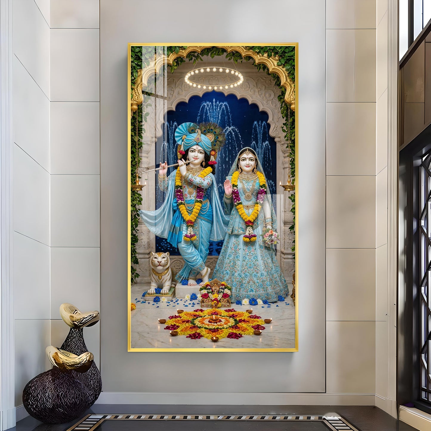 Radha & Krishna Masterpiece Glass Finish Vertical Wall Art