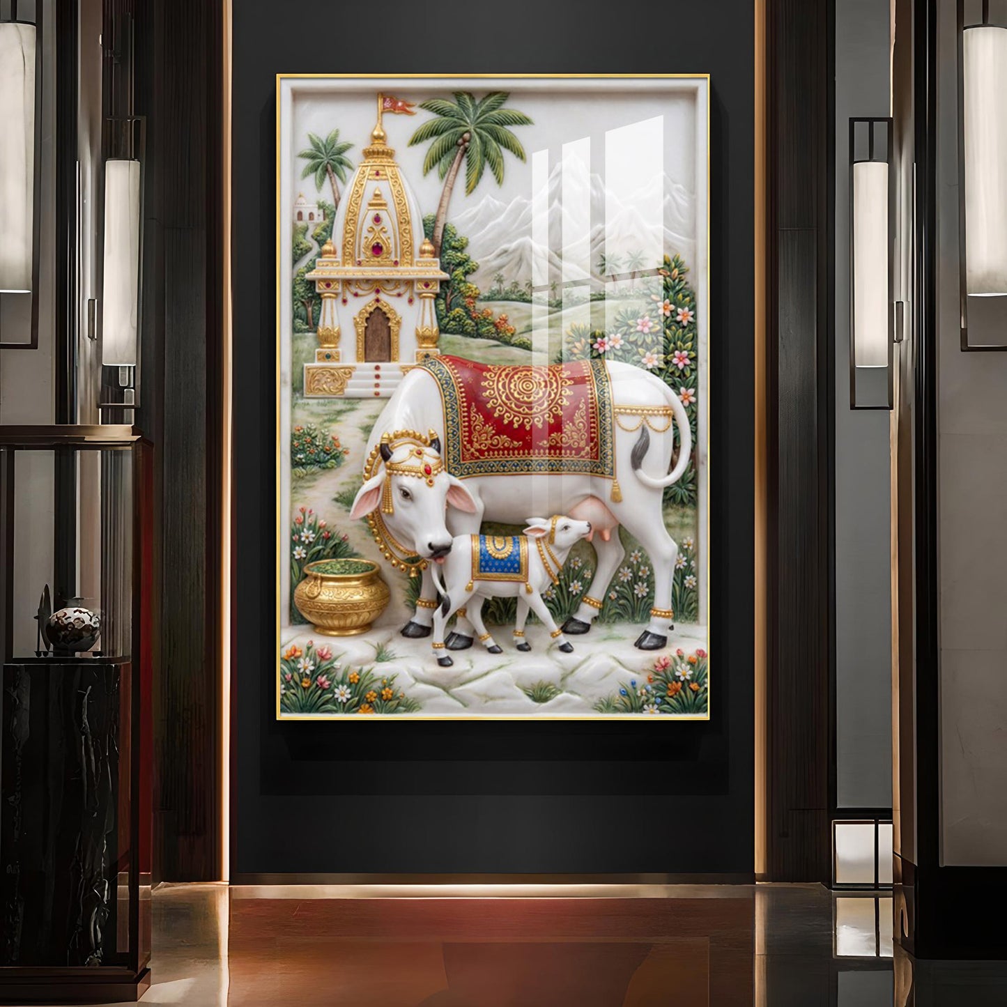 Kamdhenu Cow and Calf Glass Finish Vertical Wall Art