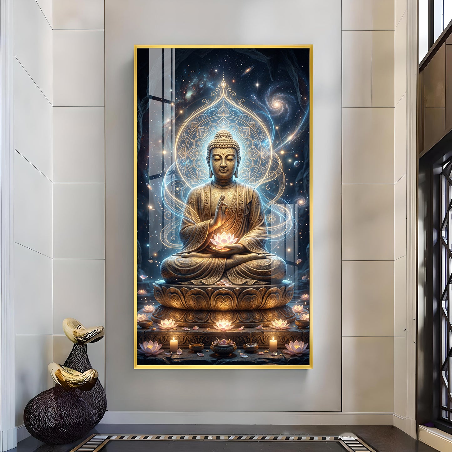 Meditating Buddha Glass Finish Vertical Wall Art
