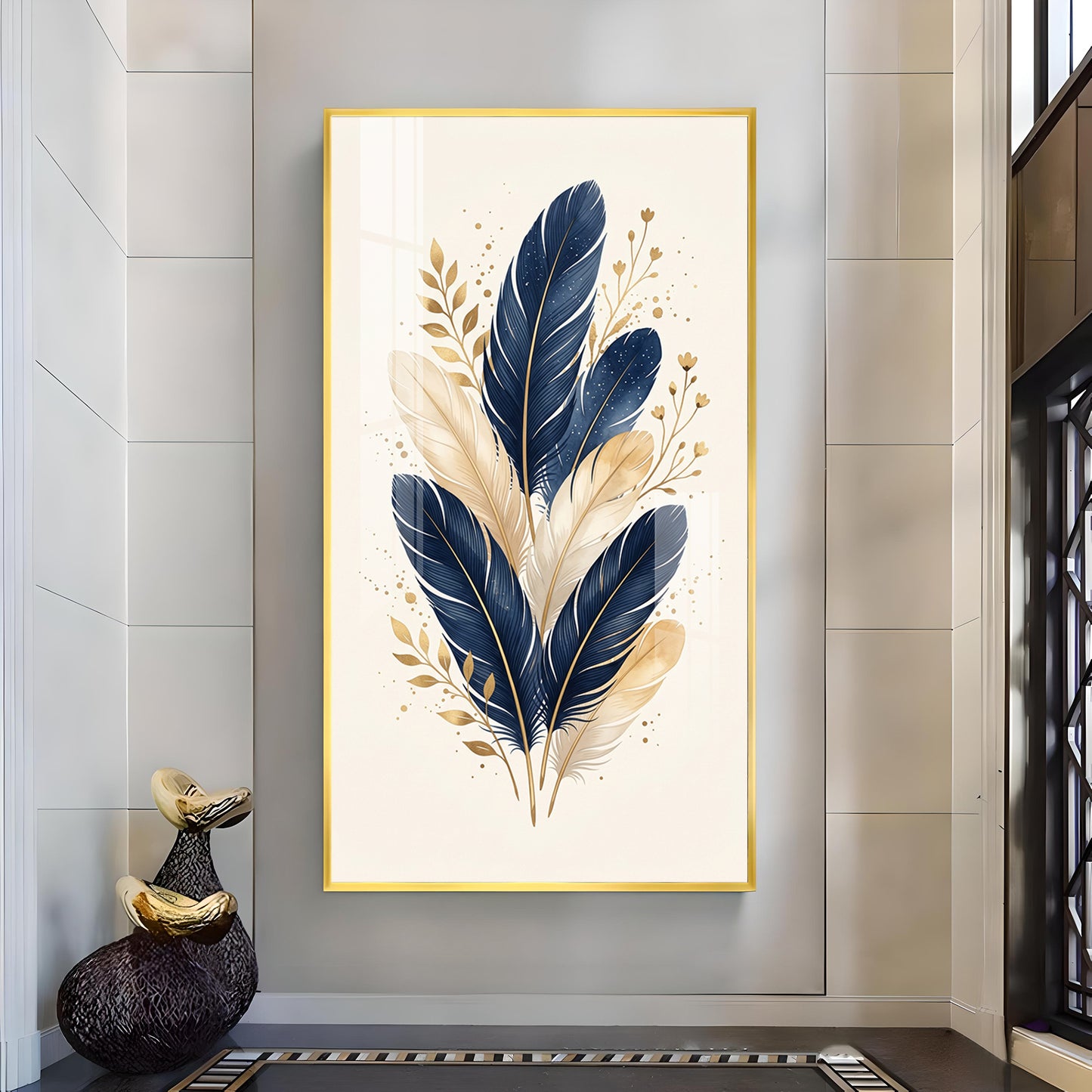 Blue & Metallic Gold Feathers Glass Finish Vertical Wall Art