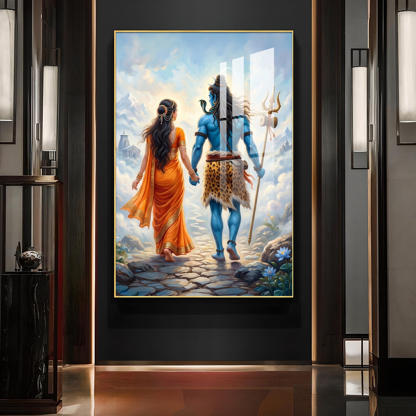 Divine Shiv Ji & Parvati Glass Finish Vertical Wall Art