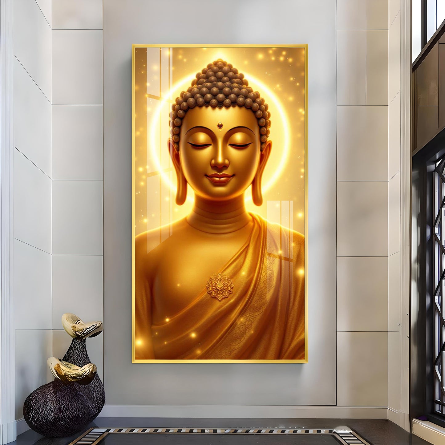 Golden Meditating Buddha Glass Finish Vertical Wall Art