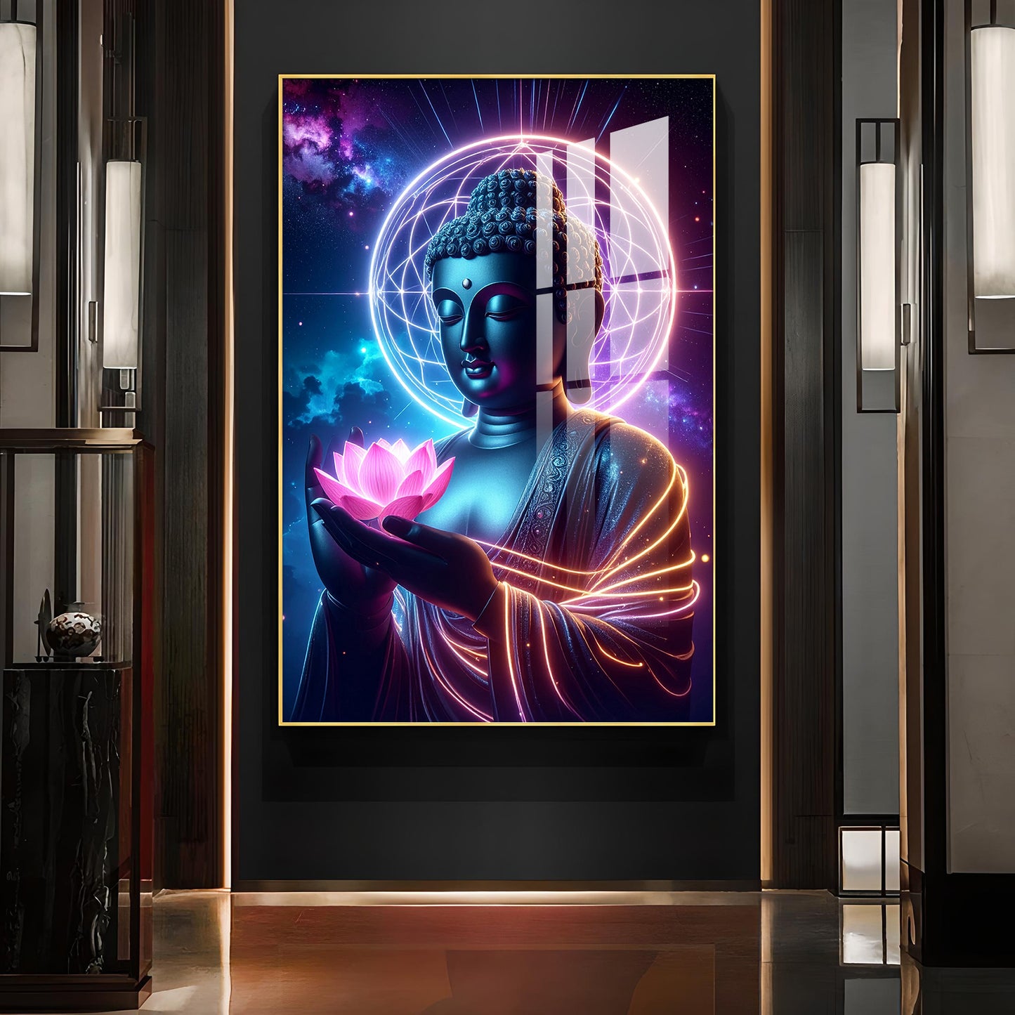 Divine Blessings Of Buddha Glass Finish Vertical Wall Art