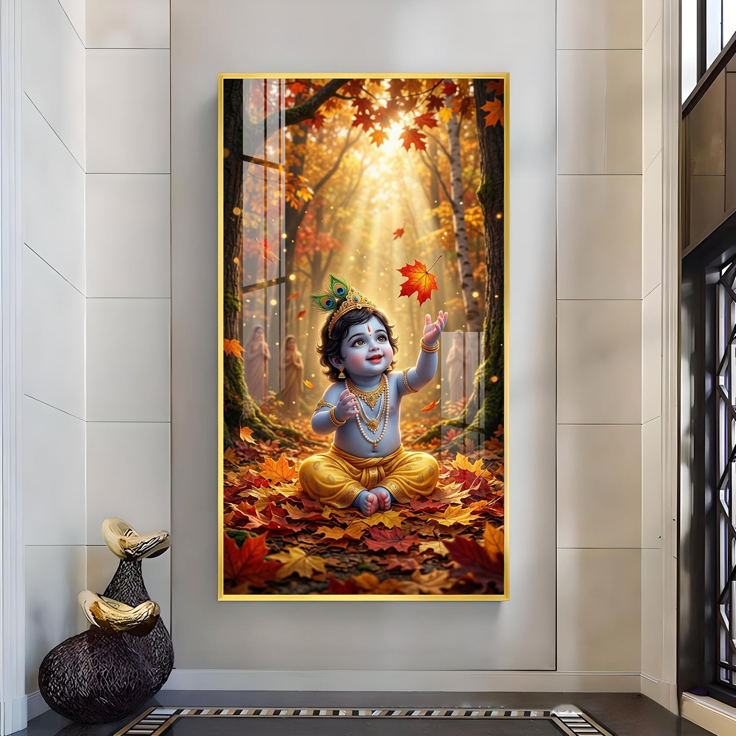Lord Kanha In Forest Glass Finish Vertical Wall Art