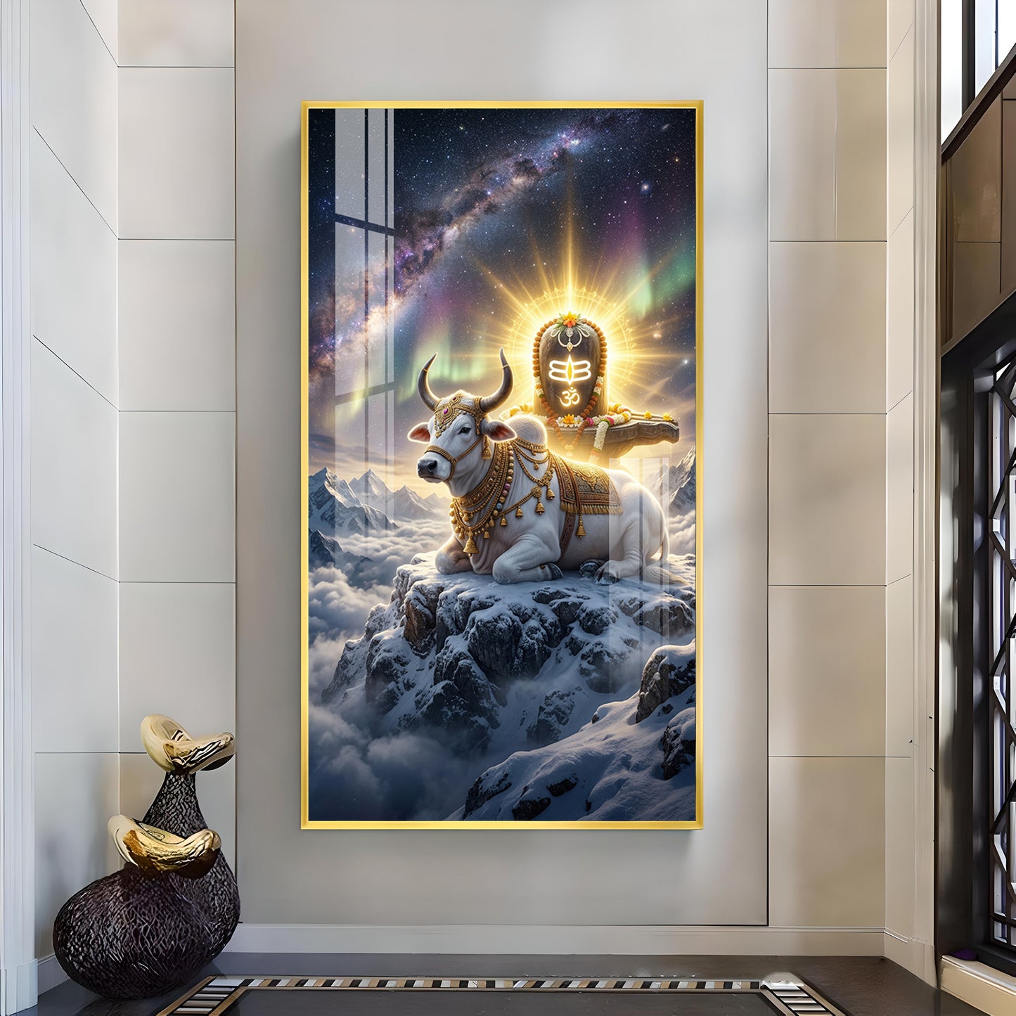 Mahadev With Nandi Glass Finish Vertical Wall Art