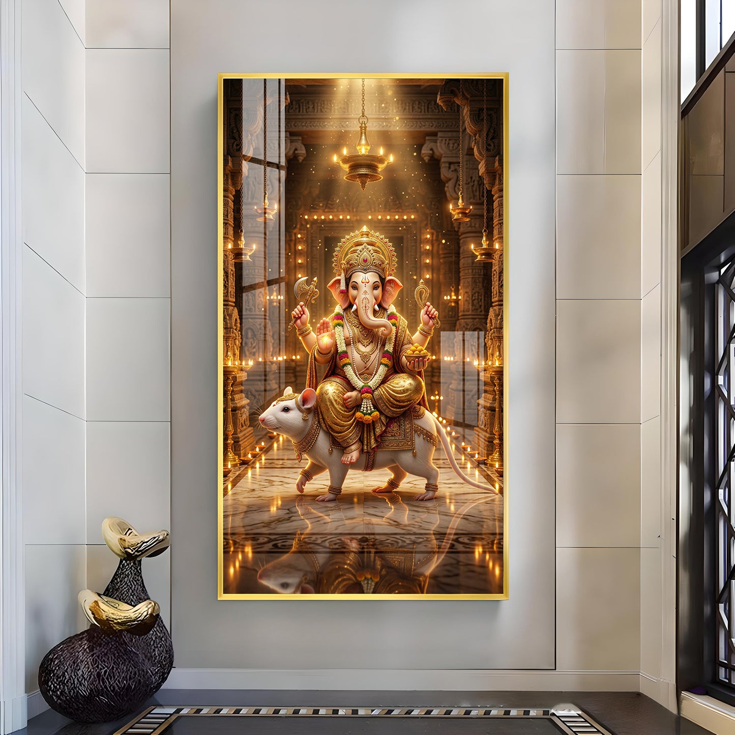 Ganesh Ji With Mushak Glass Finish Vertical Wall Art