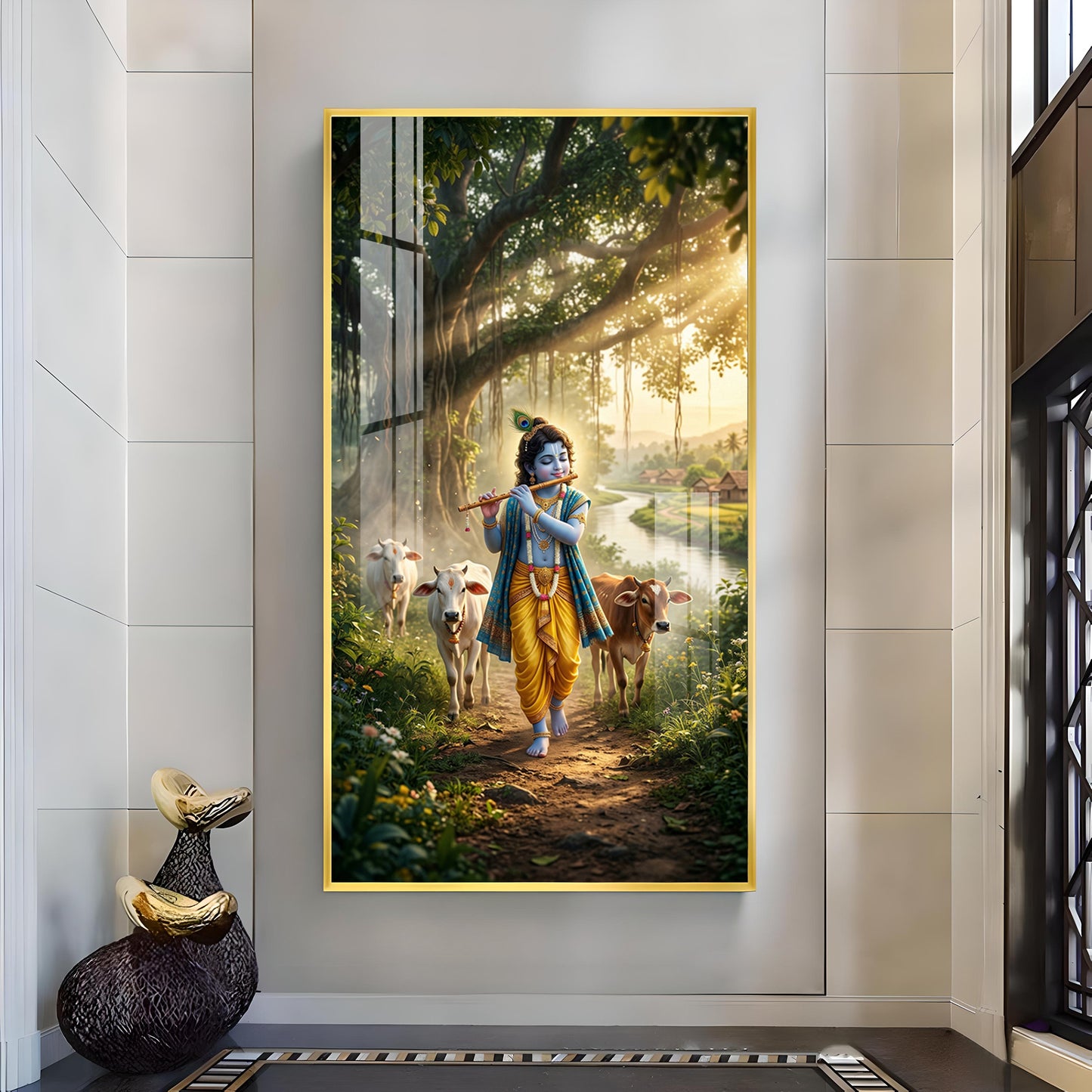 Lord Krishna Ji Glass Finish Vertical Wall Art