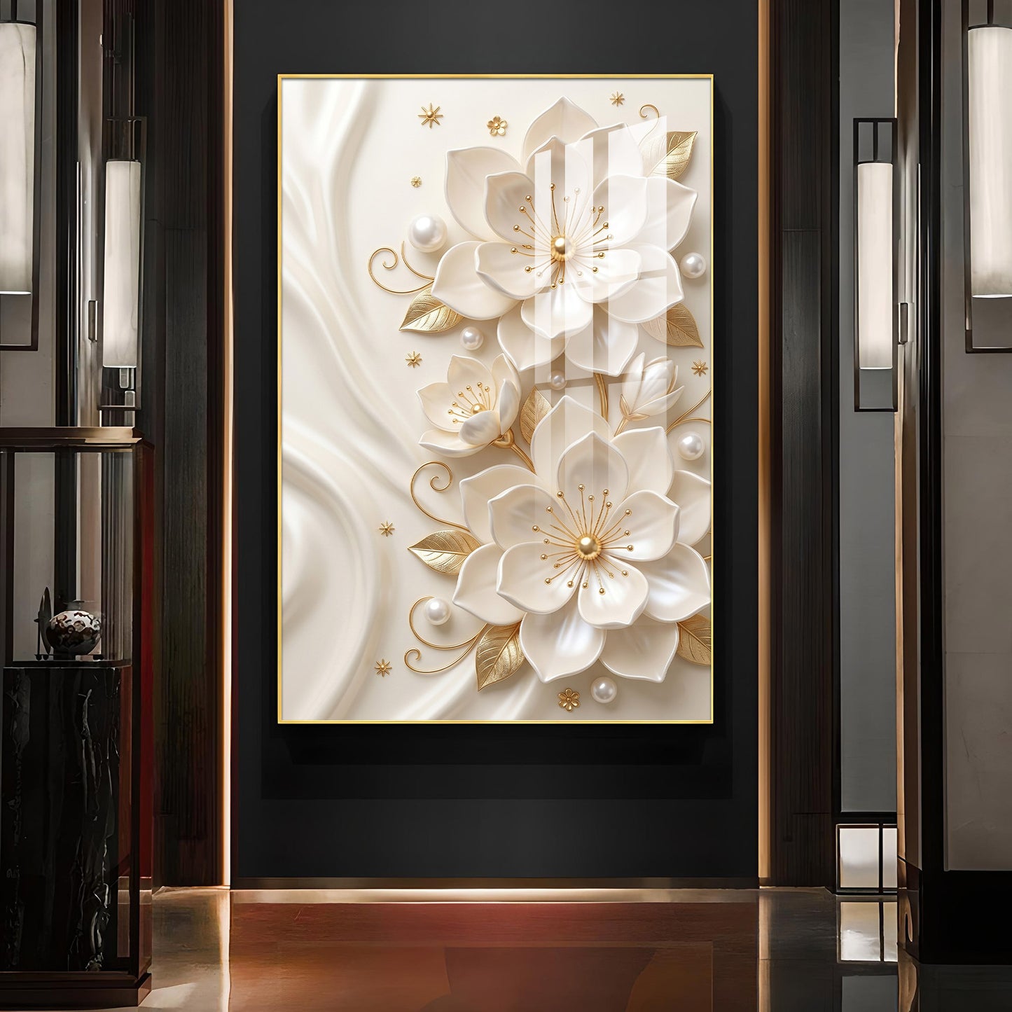 White Flowers With Golden Elements Glass Finish Vertical Wall Art