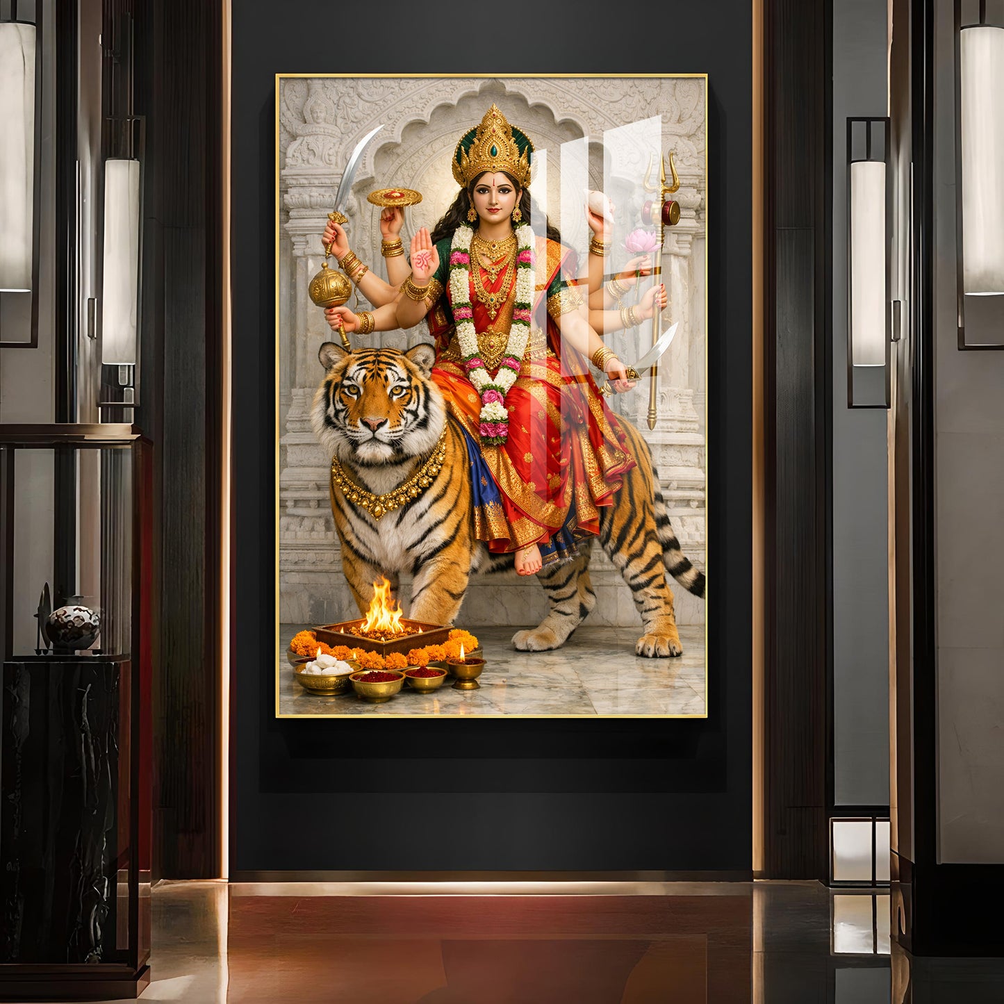 Maa Durga Seated On Tiger Glass Finish Vertical Wall Art