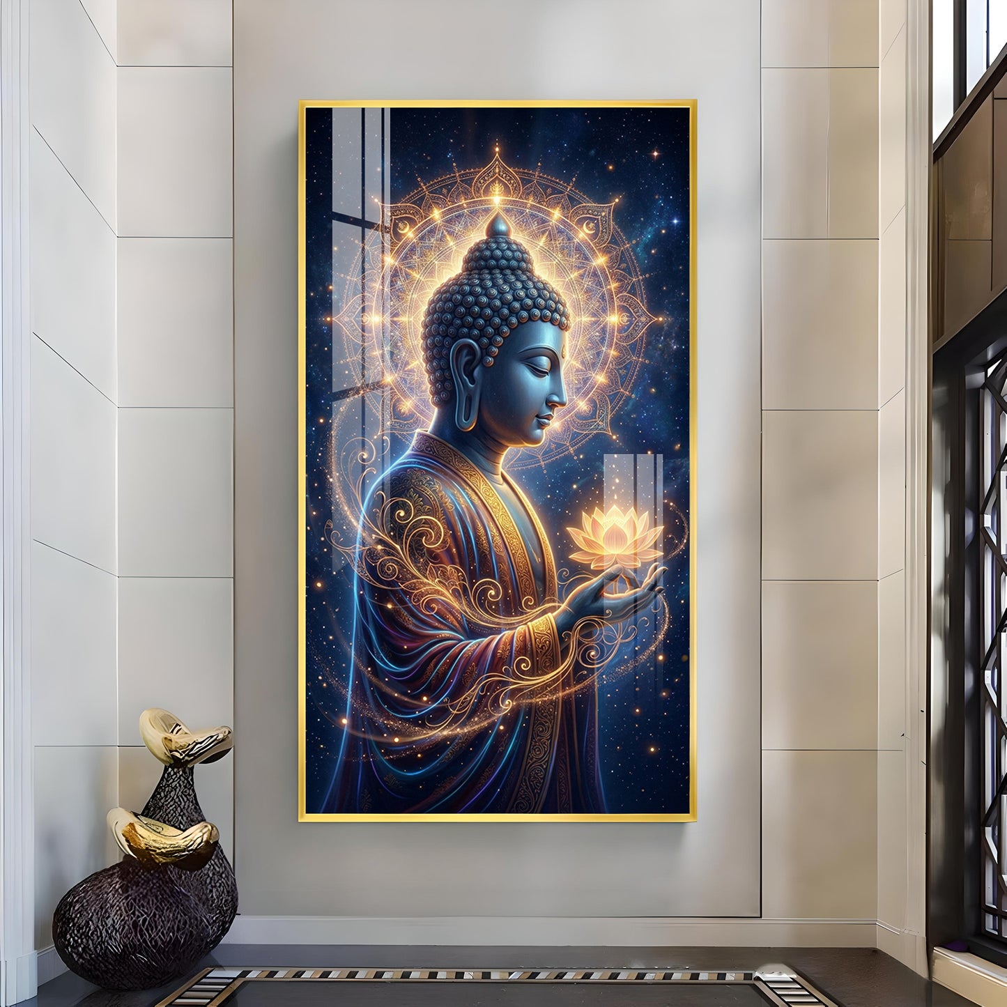 Gautam Buddha Glass Finish Vertical Wall Art