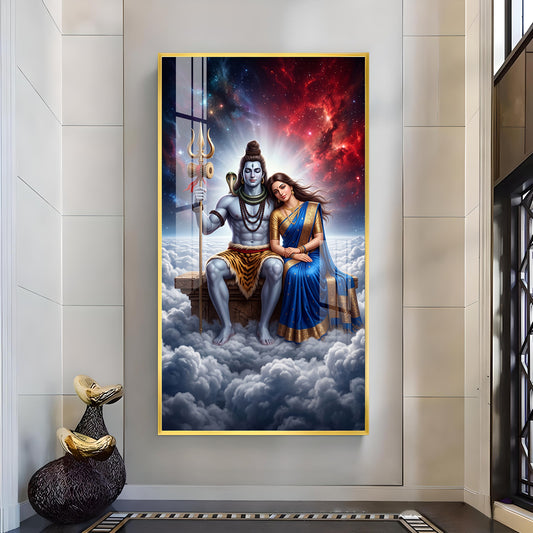 Hindu Deities Shiva & Parvati Glass Finish Vertical Wall Art