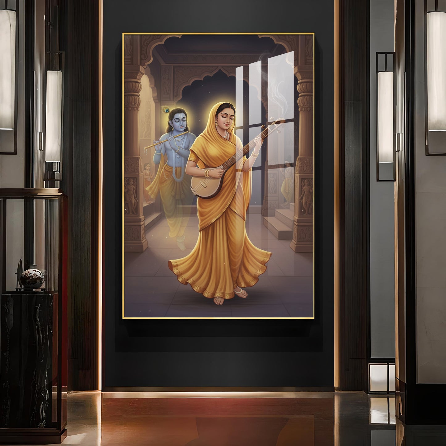 Meera Bai and Krishna Glass Finish Vertical Wall Art