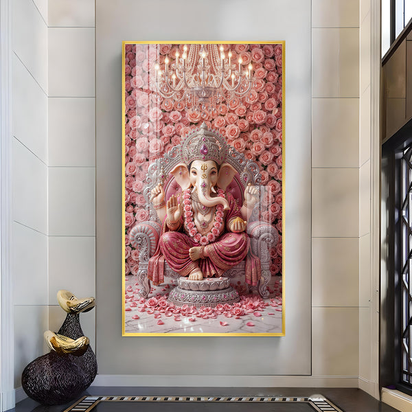 Divine Lord Ganesh Glass Finish Vertical Wall Art