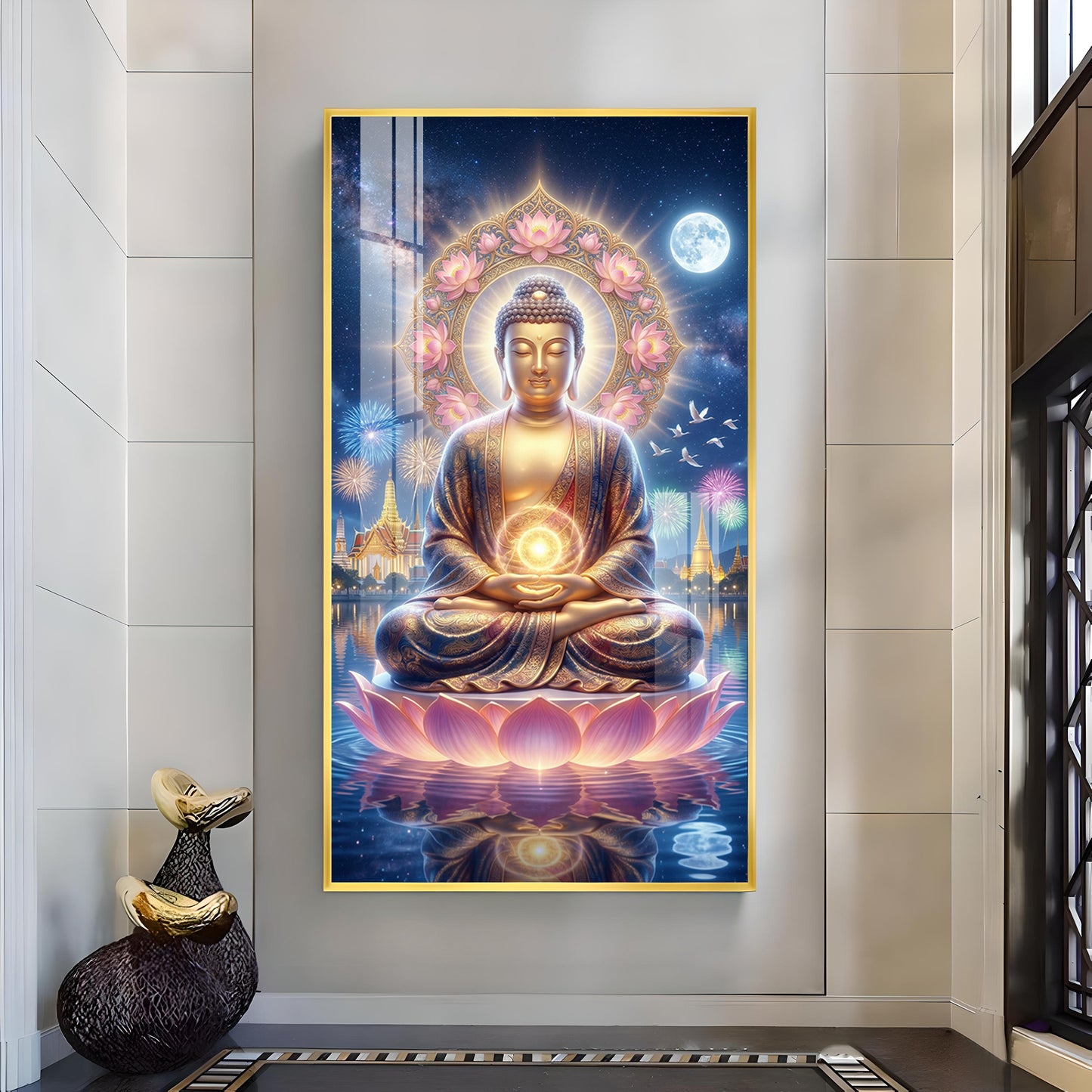 Namo Buddhay Glass Finish Vertical Wall Art