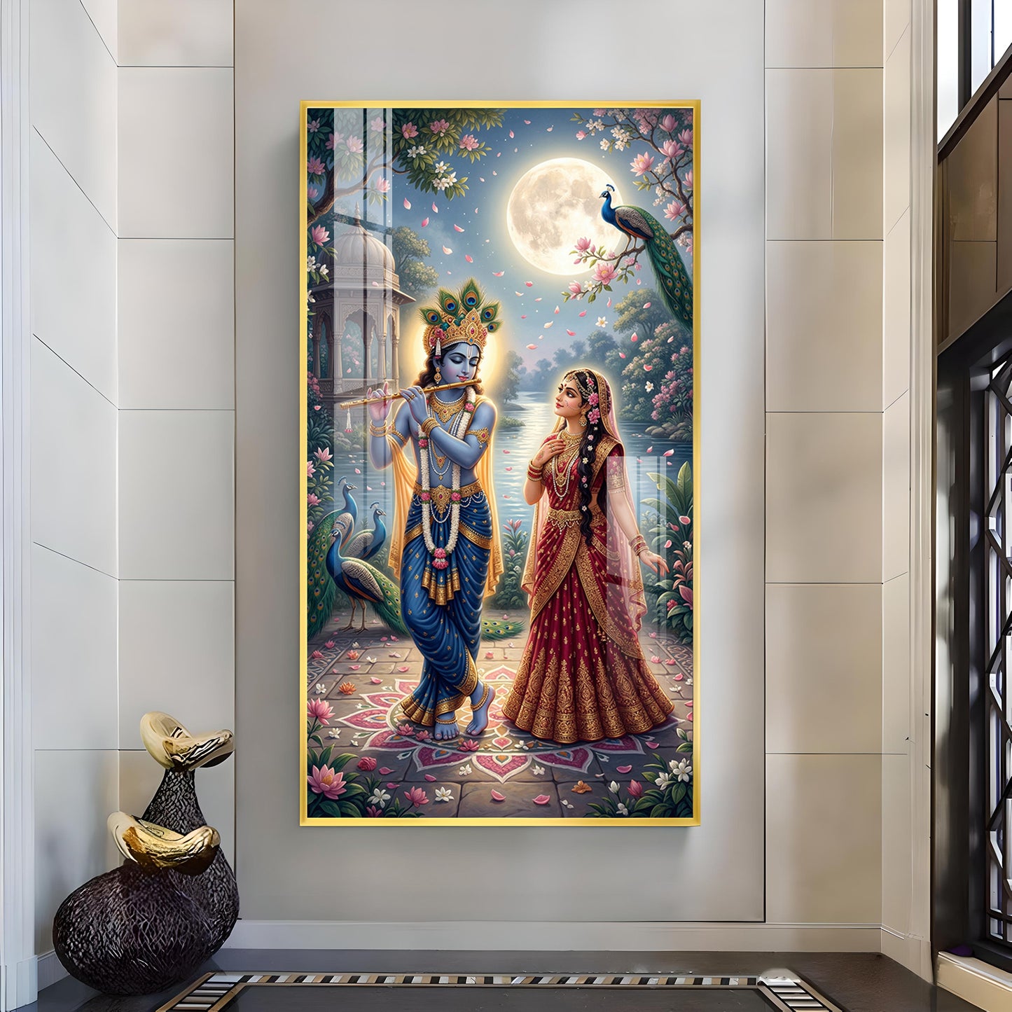 Sri Radha Krishna Glass Finish Vertical Wall Art