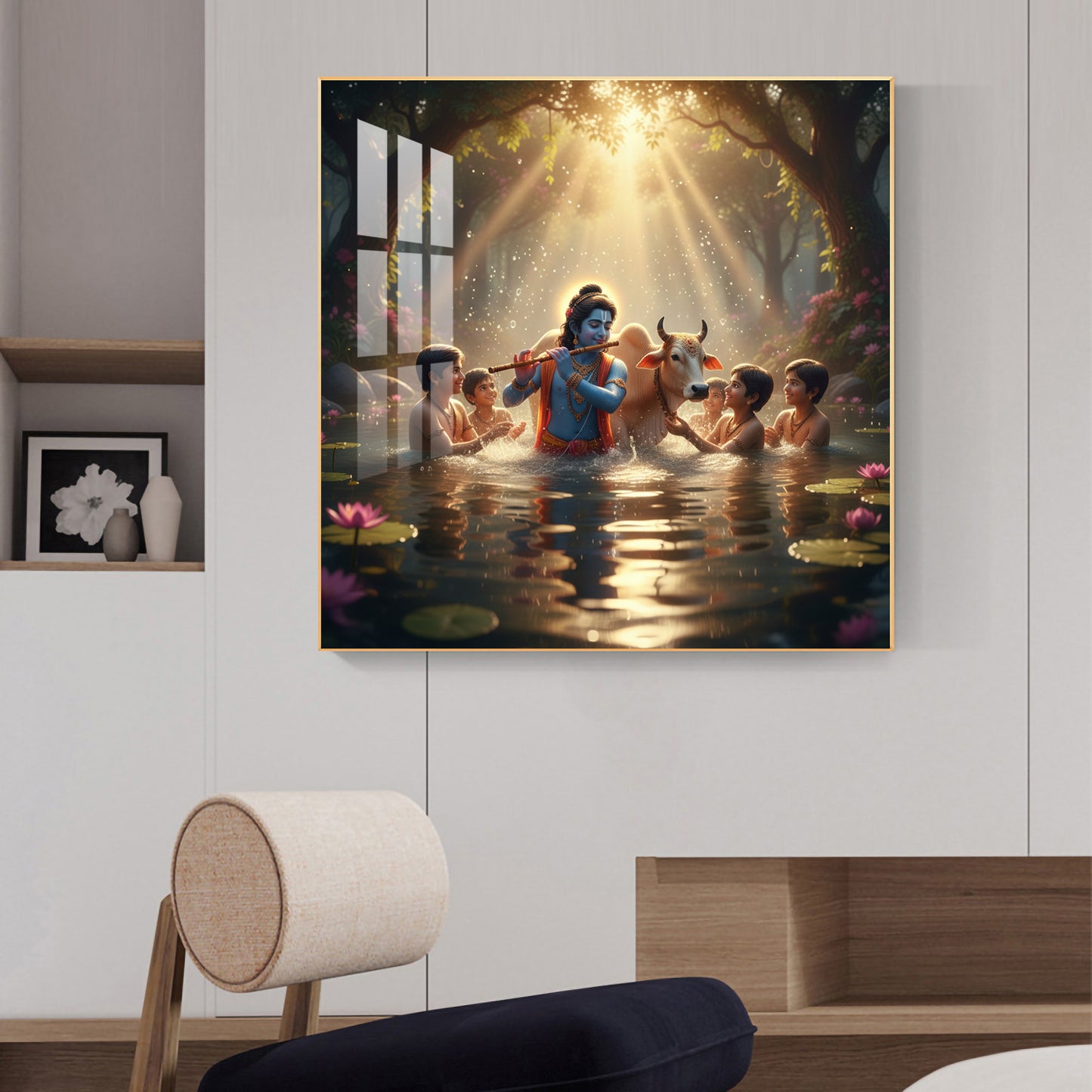 Little Krishna With Sakha Glass Finish Square Wall Art