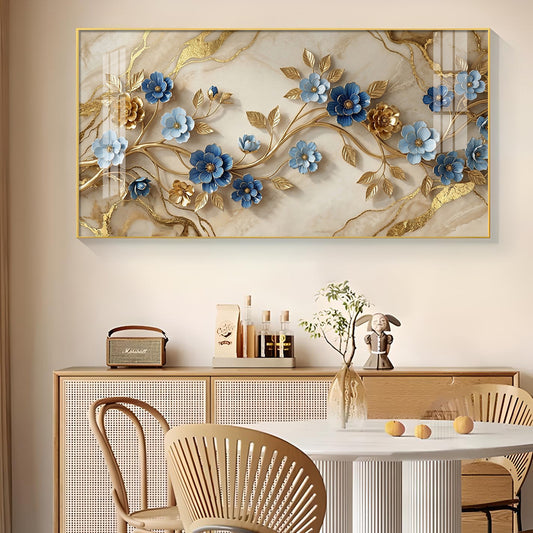 Elegant Blue Flower Glass Finish Horizontal Wall Art